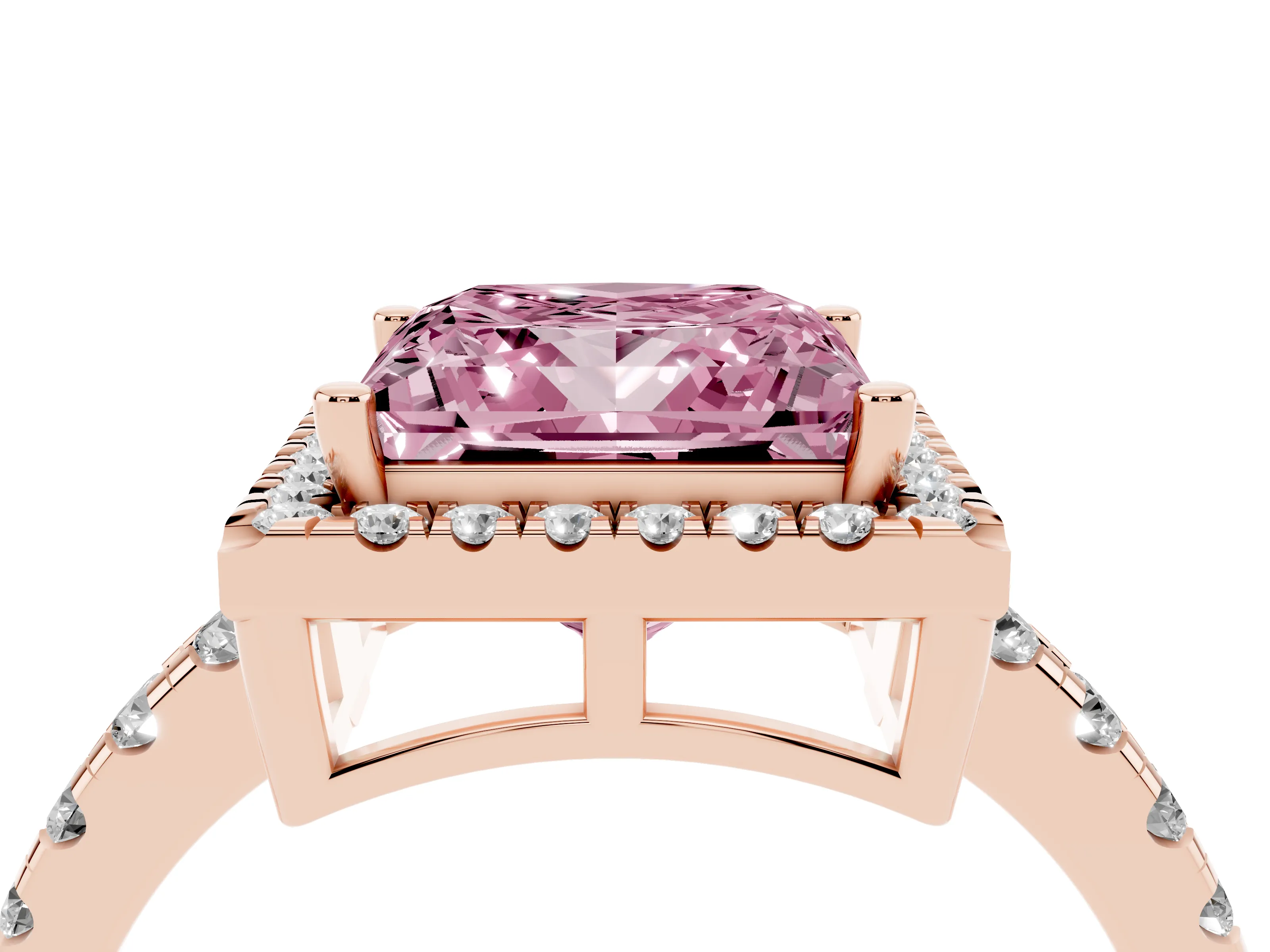 Fancy Pink Princess Cut Diamond Halo Ring Set in Rose gold with Delicate Pavé Band and Prong Setting
