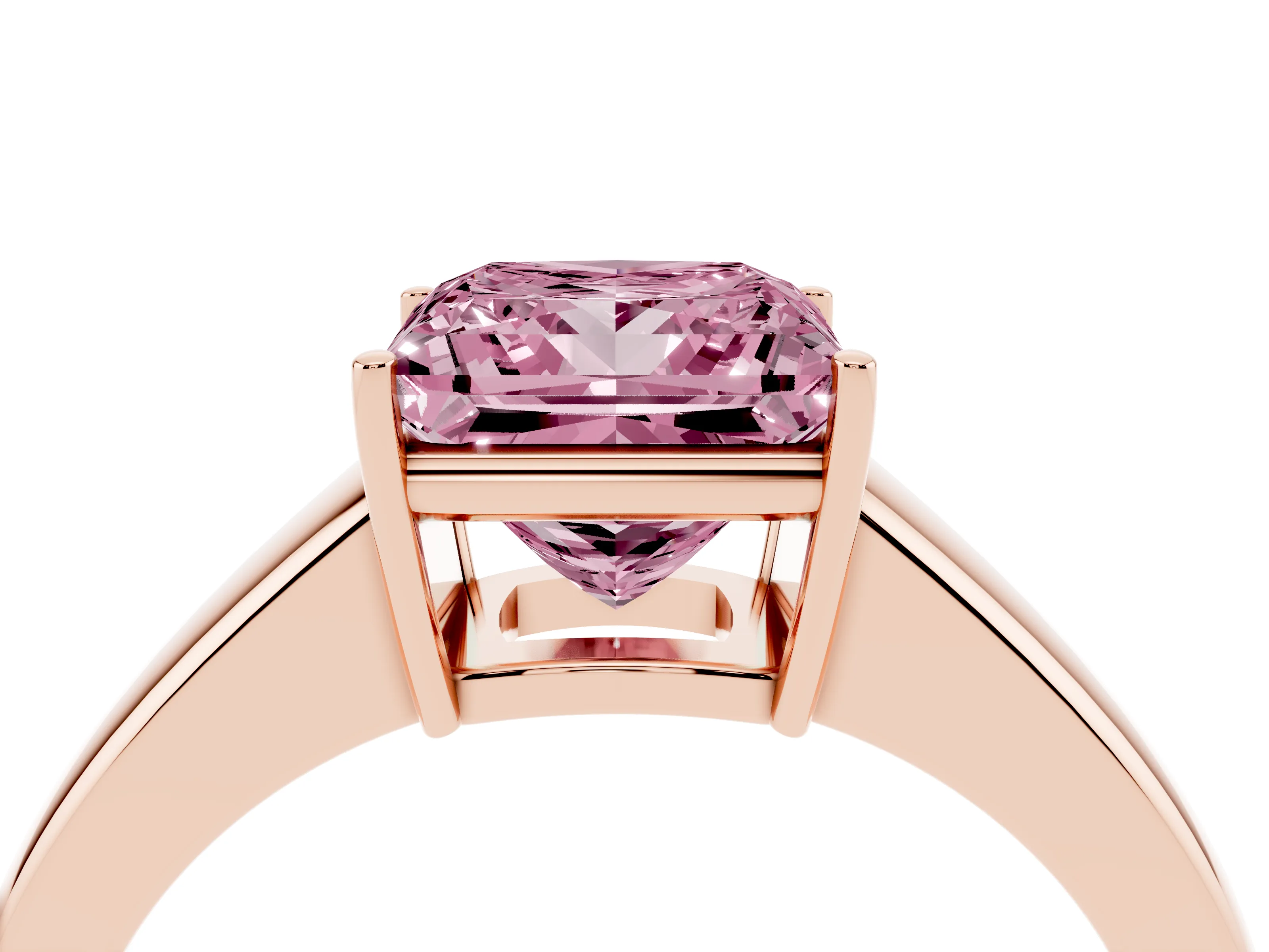 Fancy Pink Princess Cut Diamond Solitaire Ring Set in Rose gold with Tapered Band and Prong Setting