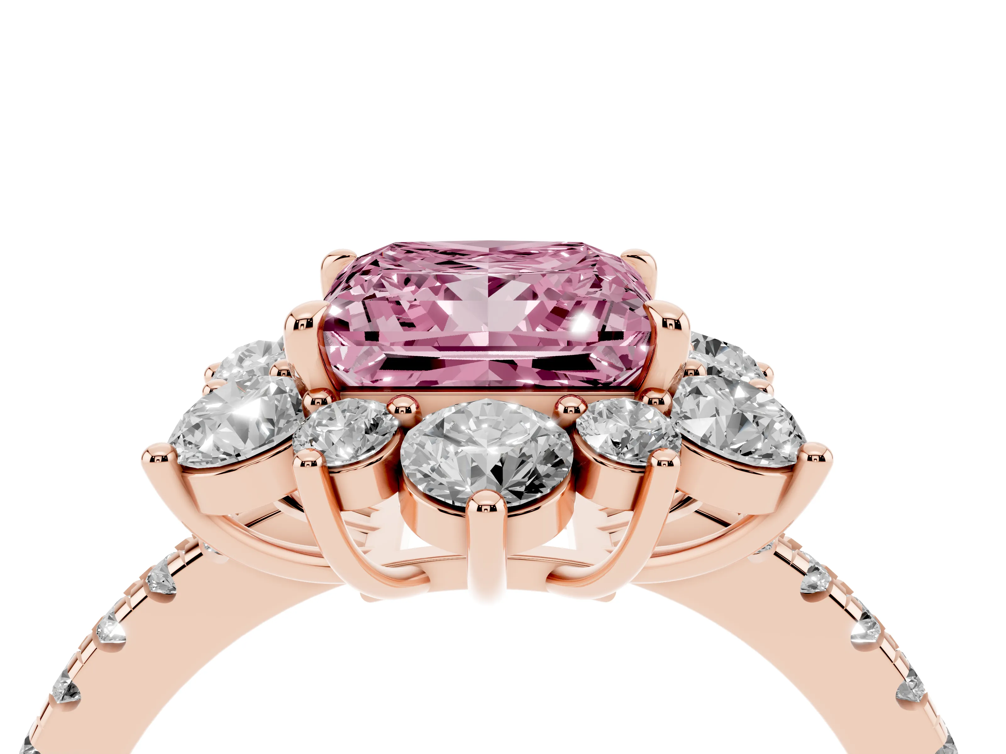 Fancy Pink Princess Cut Diamond Floral Halo Ring Set in Rose gold with Round Pavé Band and Prong Setting