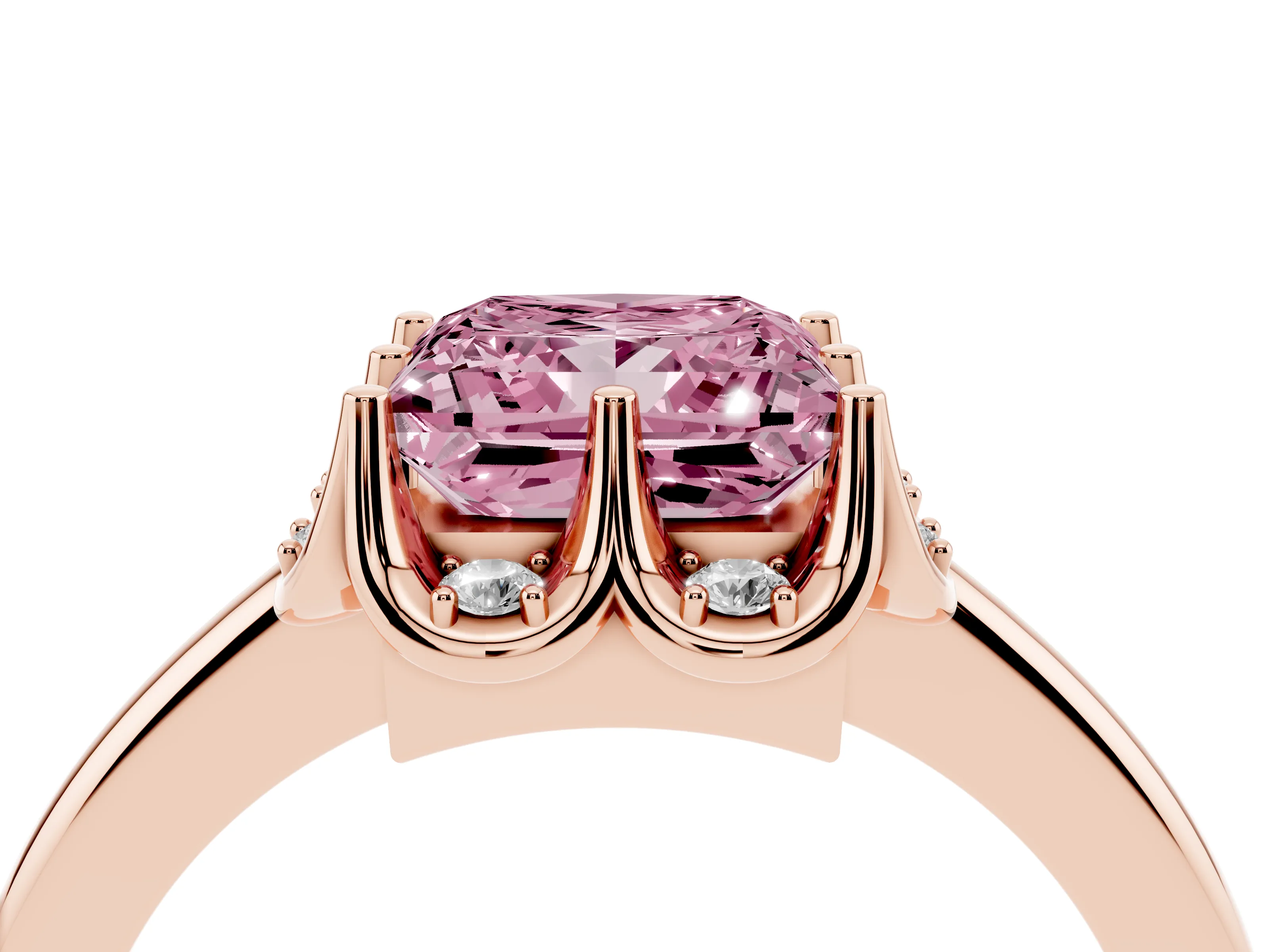Fancy Pink Princess Cut Diamond Round Cluster Halo Ring Set in Rose gold with Solitaire Band and Prong Setting