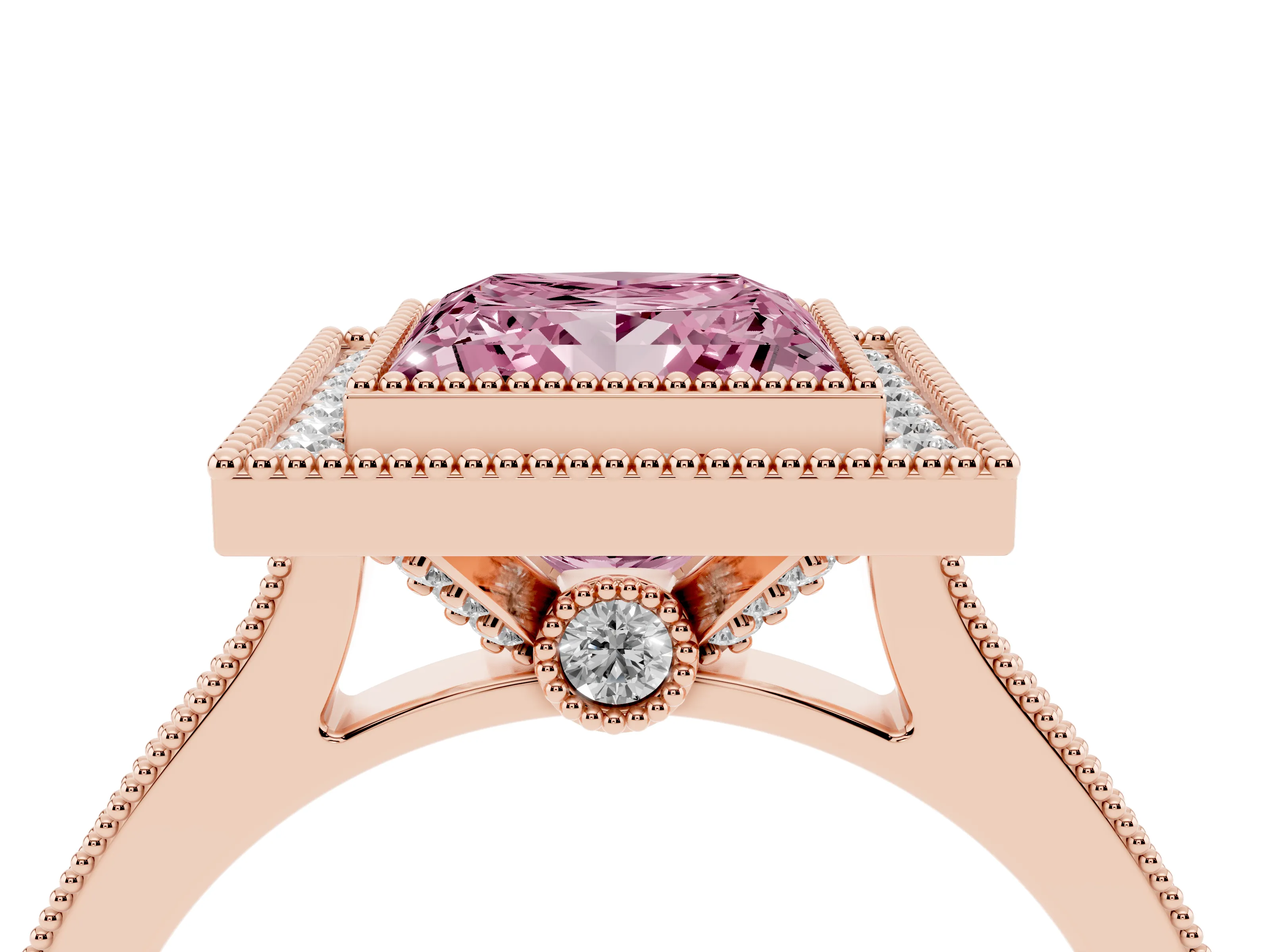 Fancy Pink Princess Cut Diamond Halo Milgrain Pavé Band Ring Set in Rose gold with Prong Setting