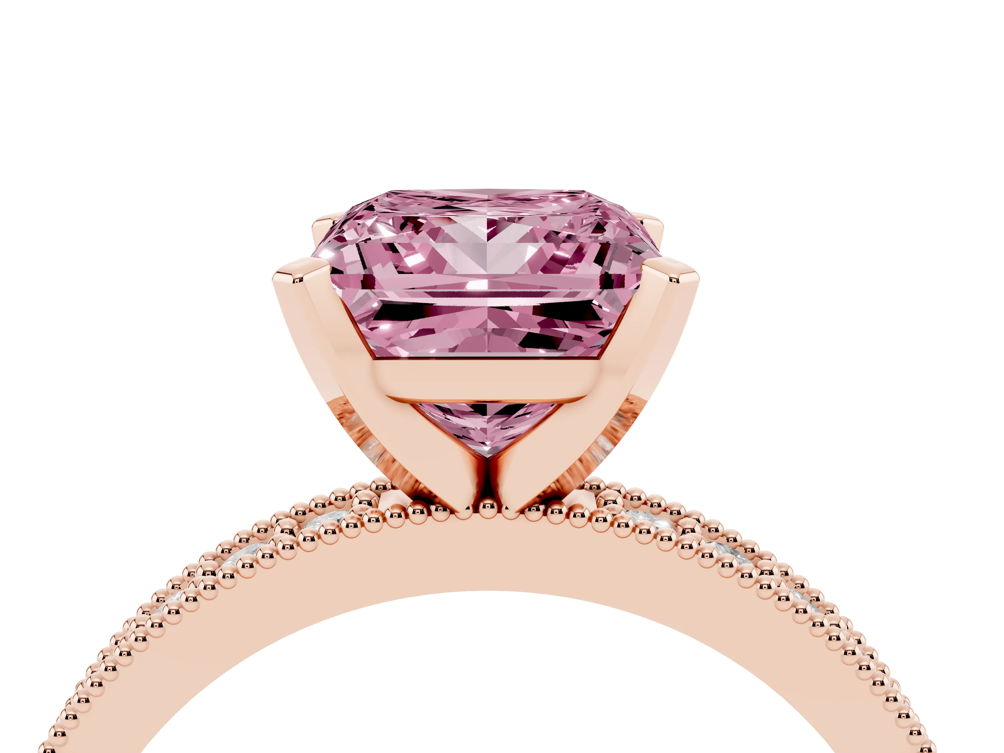 Fancy Pink Princess Cut Diamond Milgrain Pavé Engagement Ring Set in Rose gold with Prong Setting