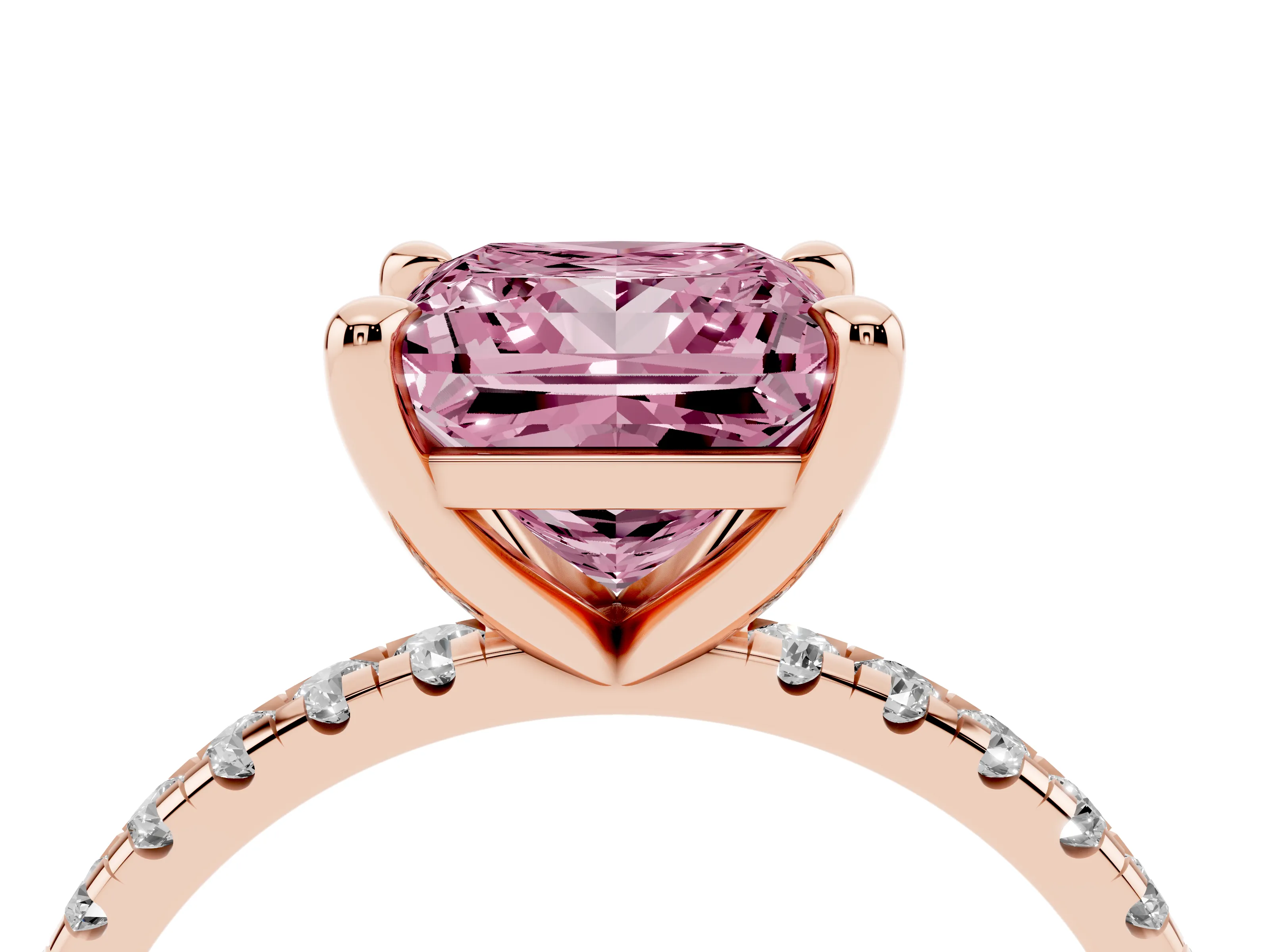 Fancy Pink Princess Cut Diamond Brilliant Solitaire Ring Set in Rose gold with Pavé Band and Prong Setting