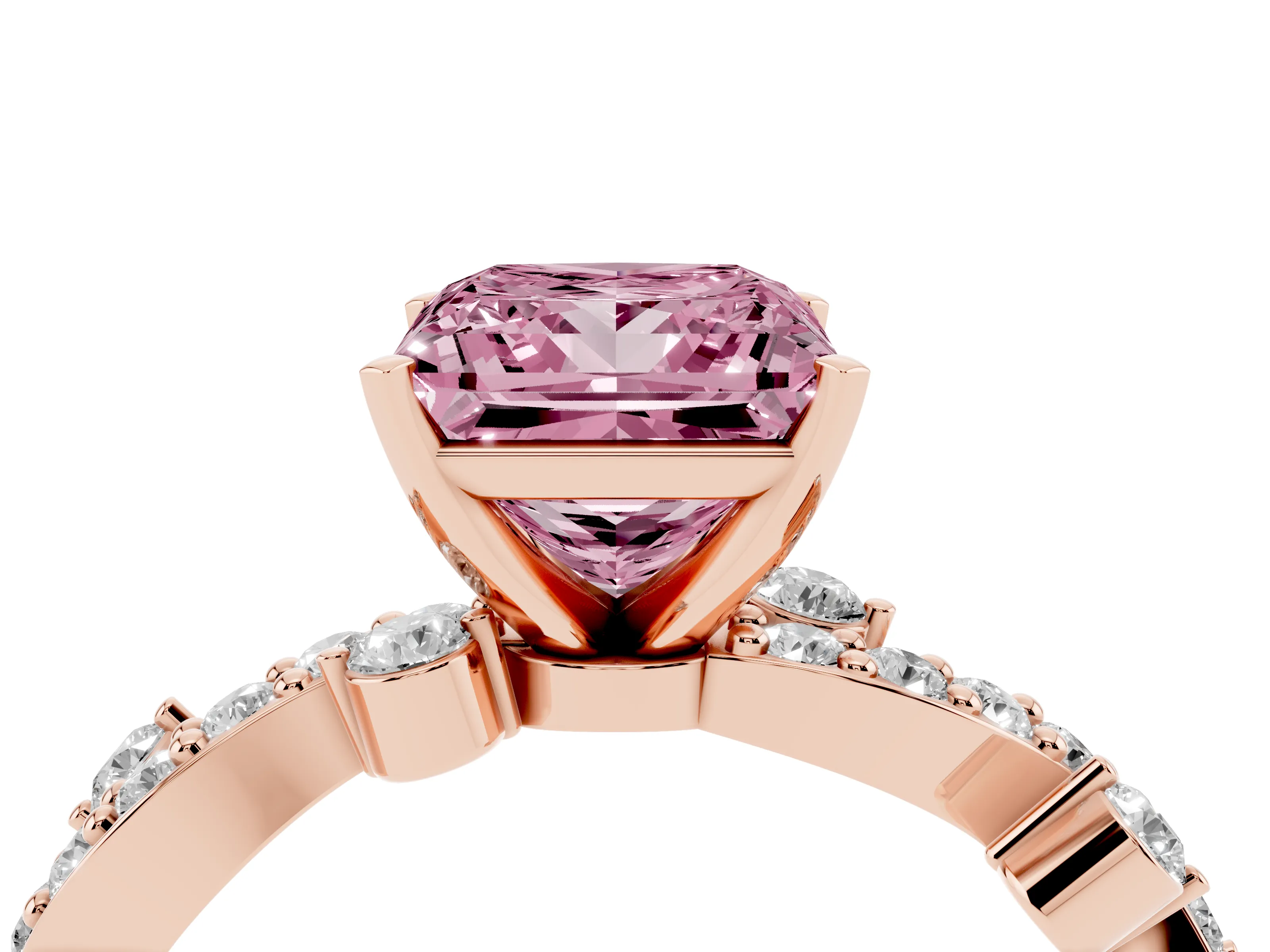 Fancy Pink Princess Cut Diamond Solitaire Twisted Band Set in Rose gold with Pavé Setting