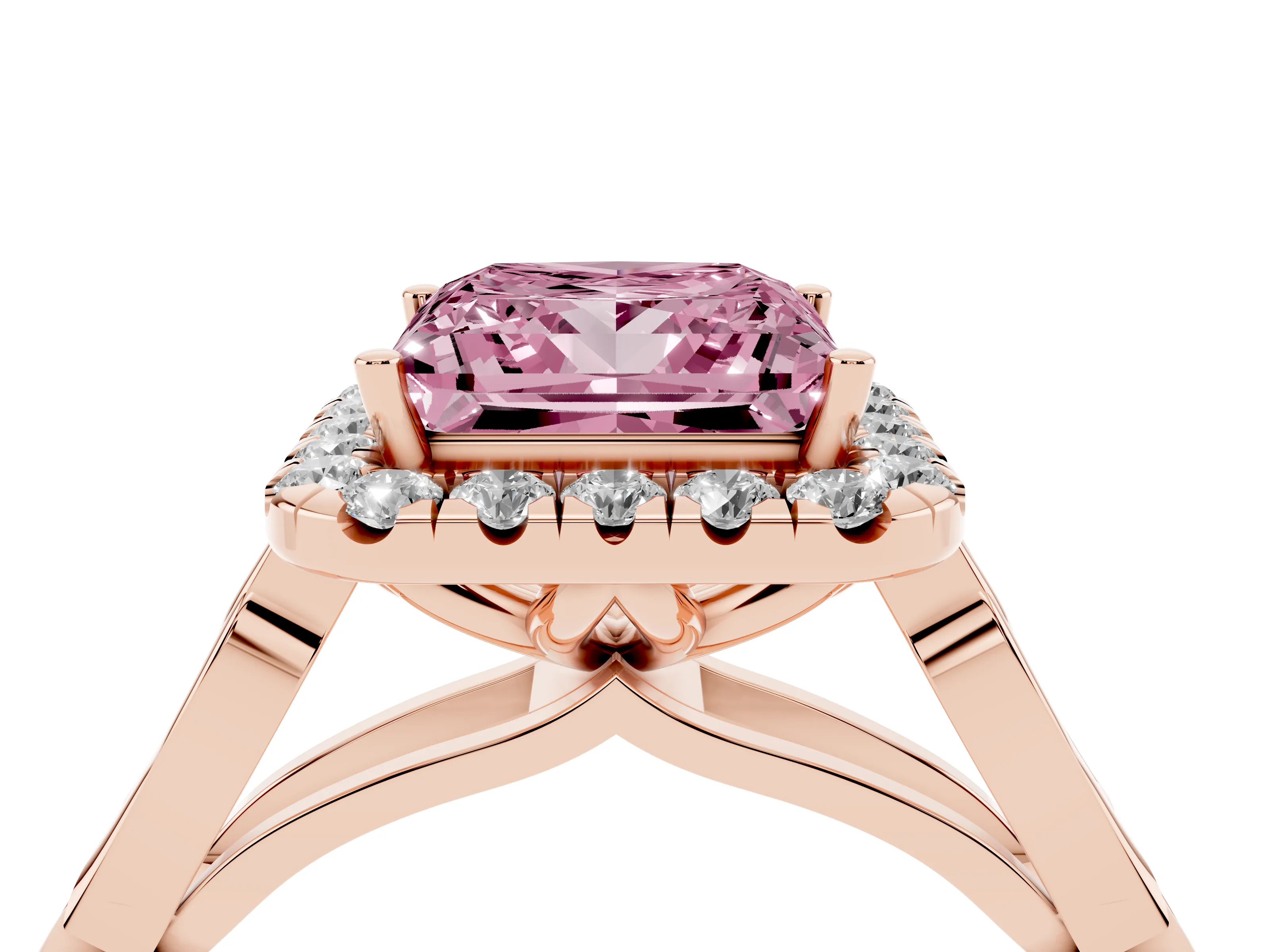 Fancy Pink Princess Cut Diamond Halo Engagement Ring Set in Rose gold with Filigree Band and Prong-Set Center