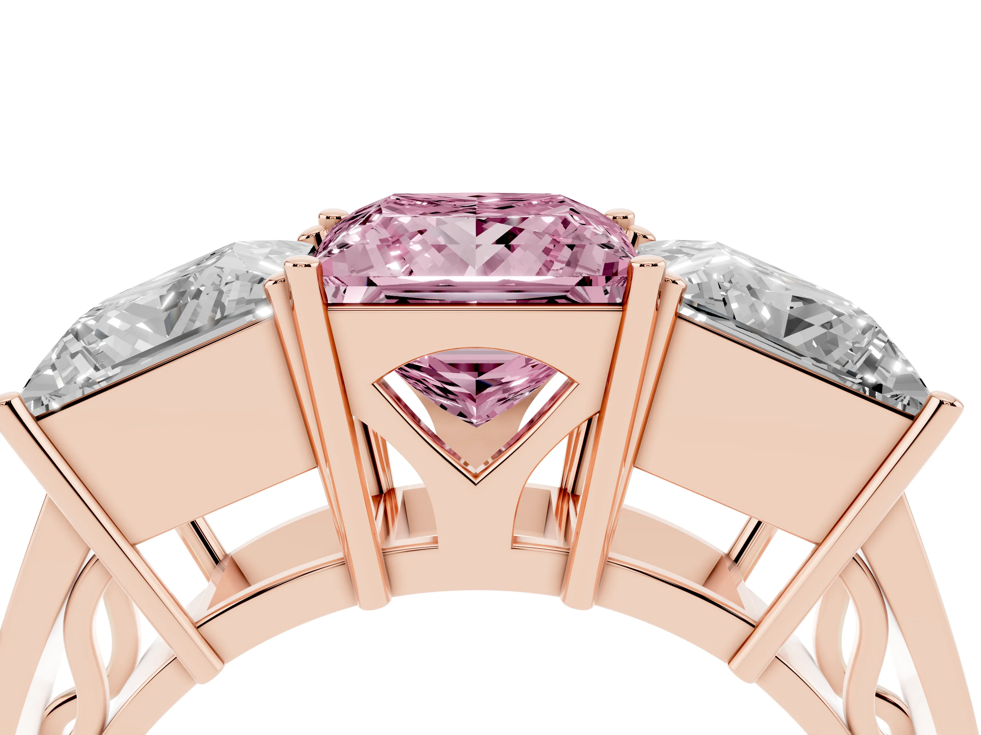 Fancy Pink Princess Cut Diamond Three-Stone Ring Set in Rose gold with Textured Band