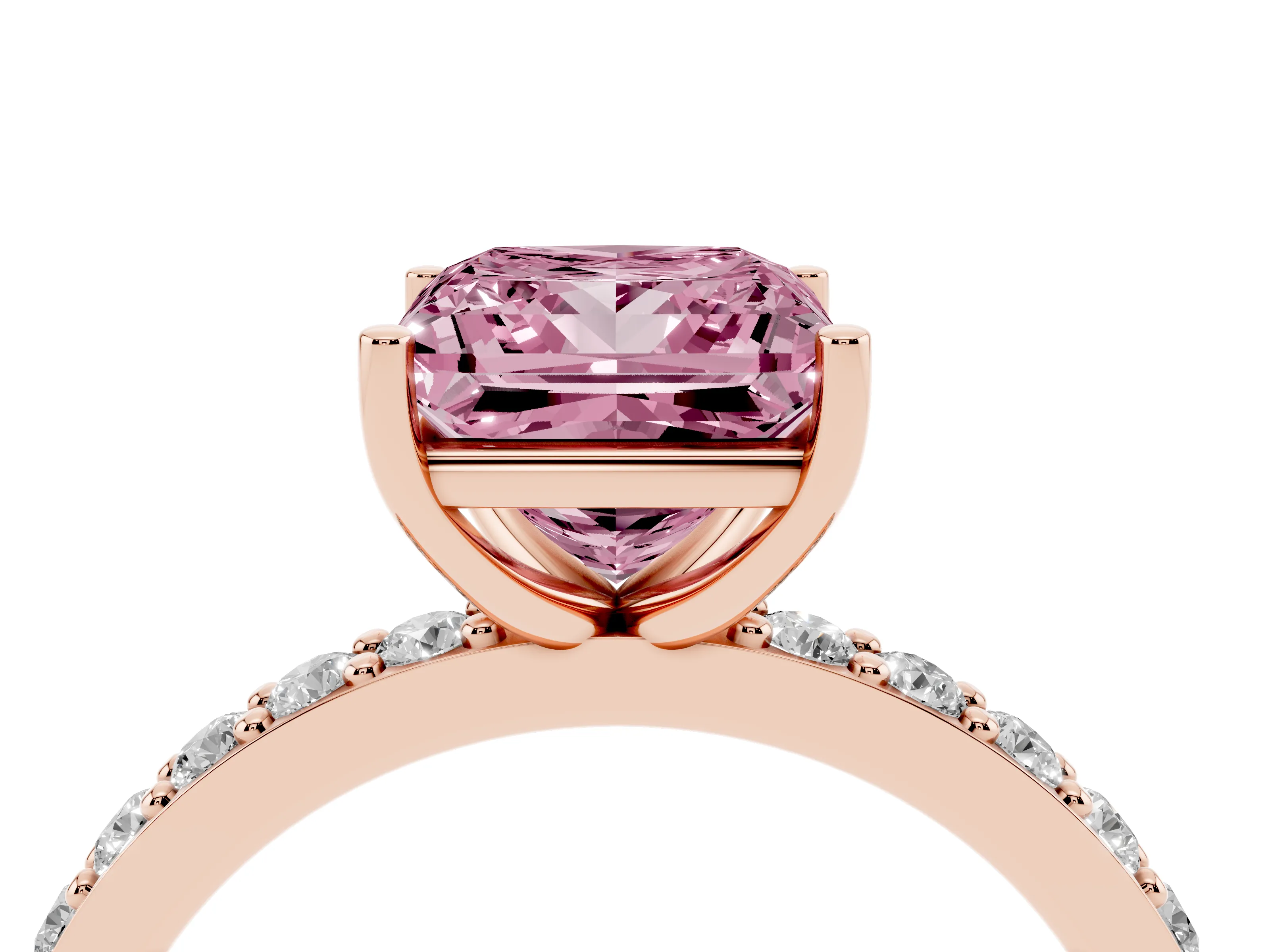 Fancy Pink Princess Cut Diamond Solitaire Set in Rose gold with Round Pavé Band and Prong Setting