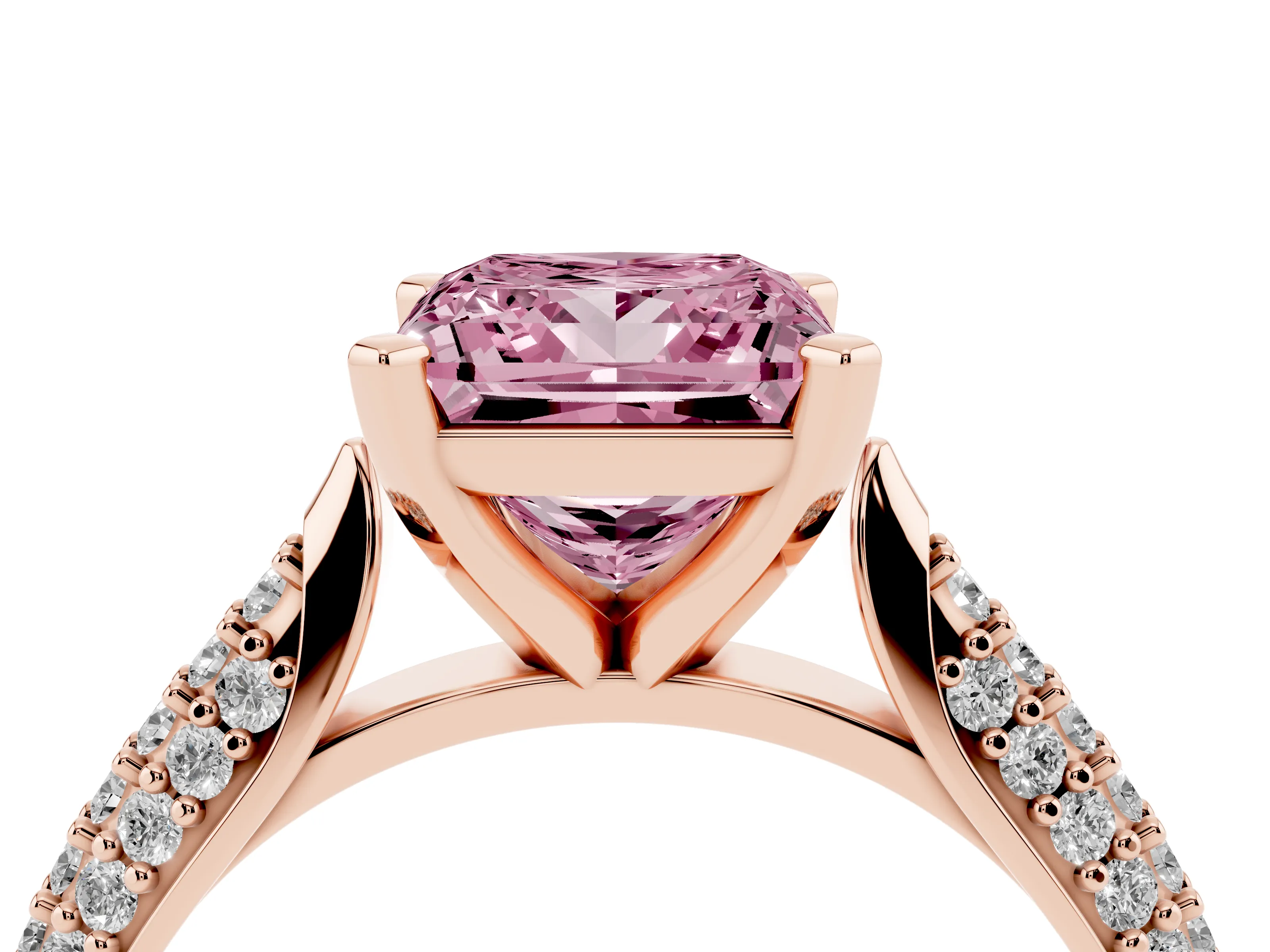 Fancy Pink Princess Cut Diamond Solitaire Engagement Ring Set in Rose gold with Multi-Row Round Pavé Band and Prong Setting