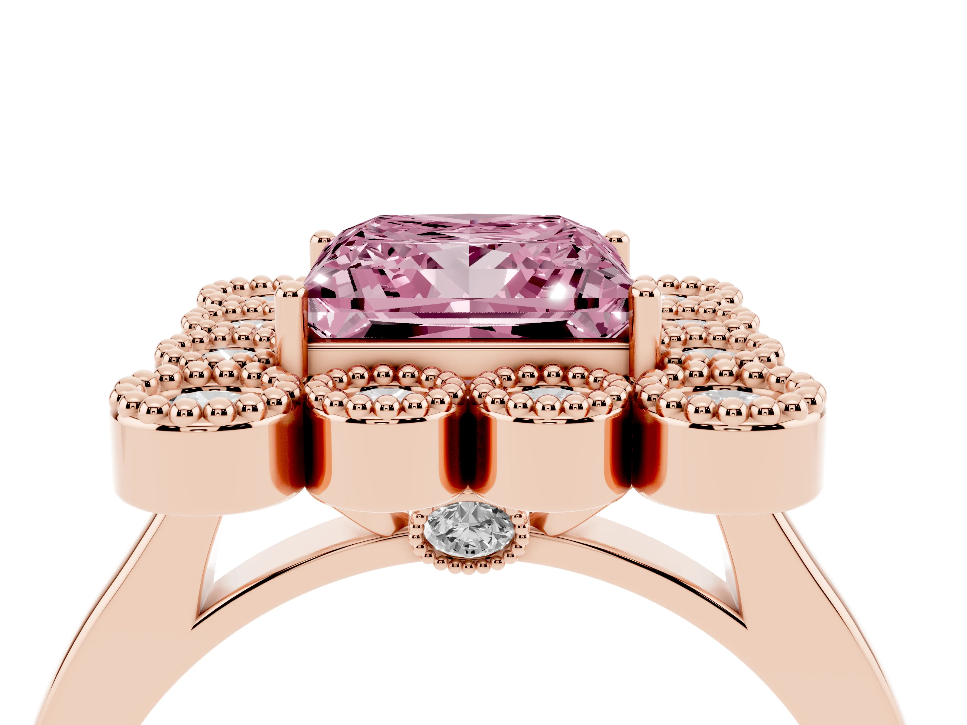 Fancy Pink Princess Cut Diamond Cluster Halo Ring Set in Rose gold with Milgrain Bezel Accents and Plain Band