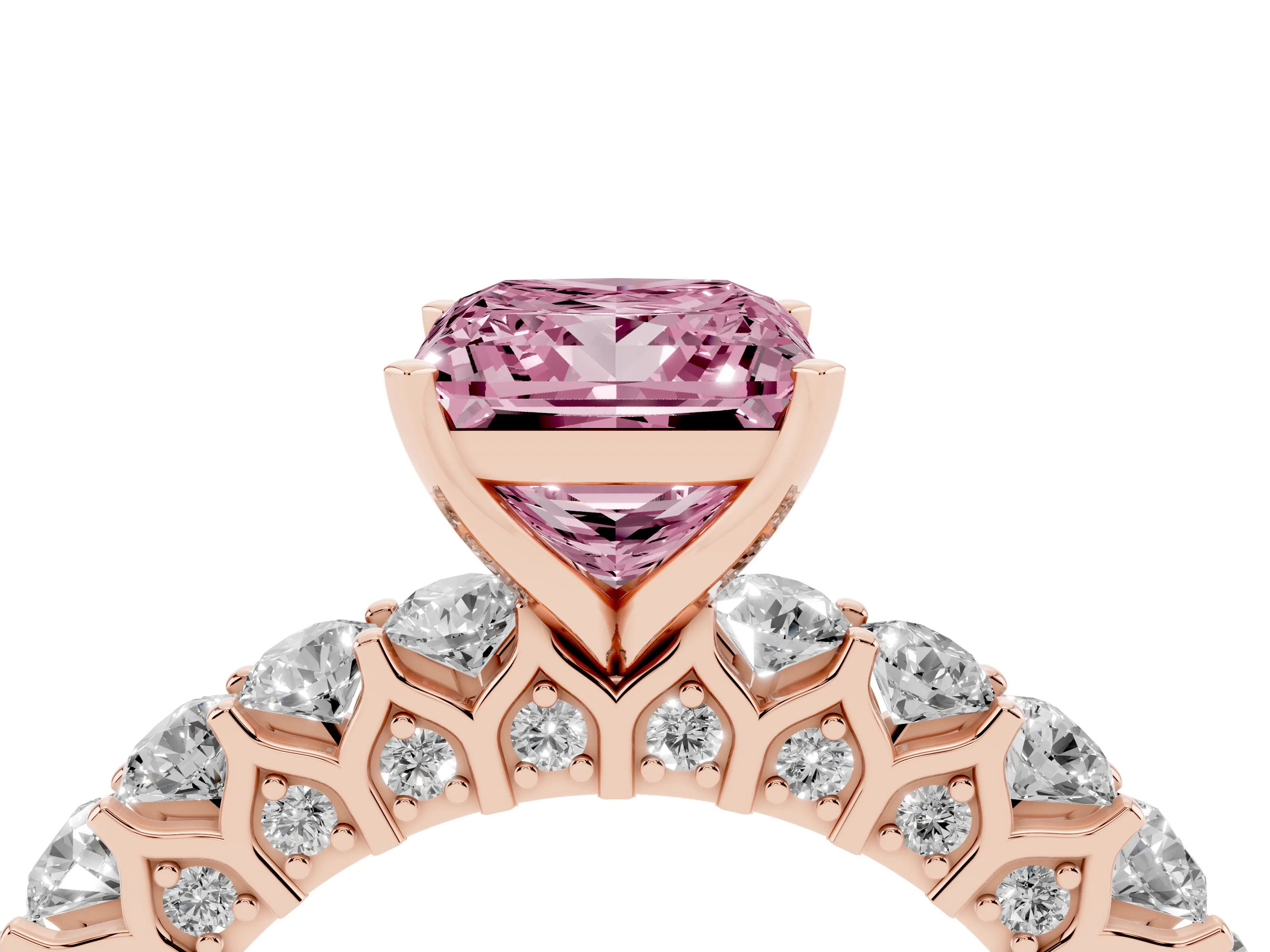 Fancy Pink Princess Cut Diamond Solitaire Ring Set in Rose gold with Shared Prong Pavé Band