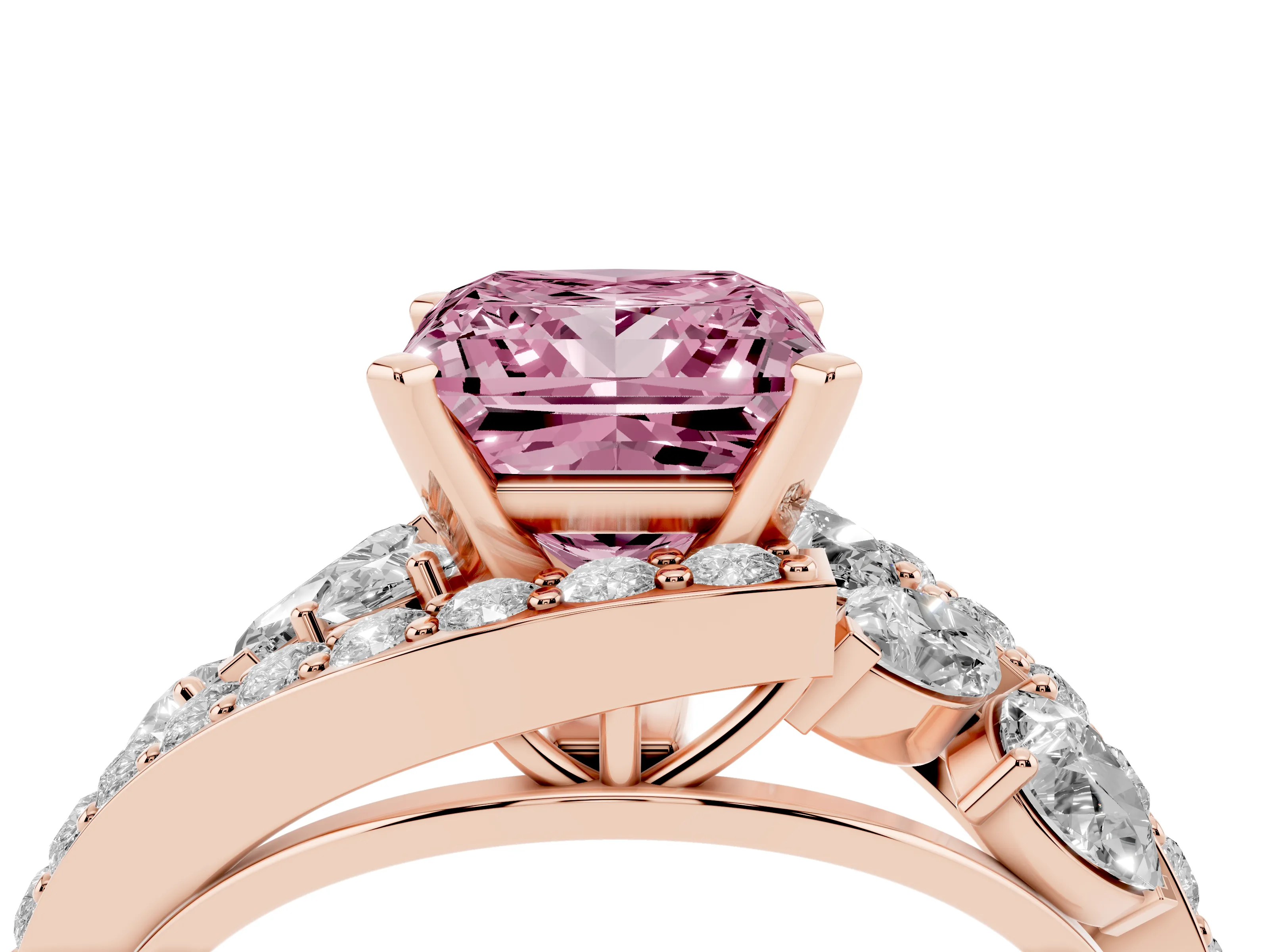 Fancy Pink Princess Cut Diamond Halo Ring Set in Rose gold with Marquise and Pavé Band in Prong Setting