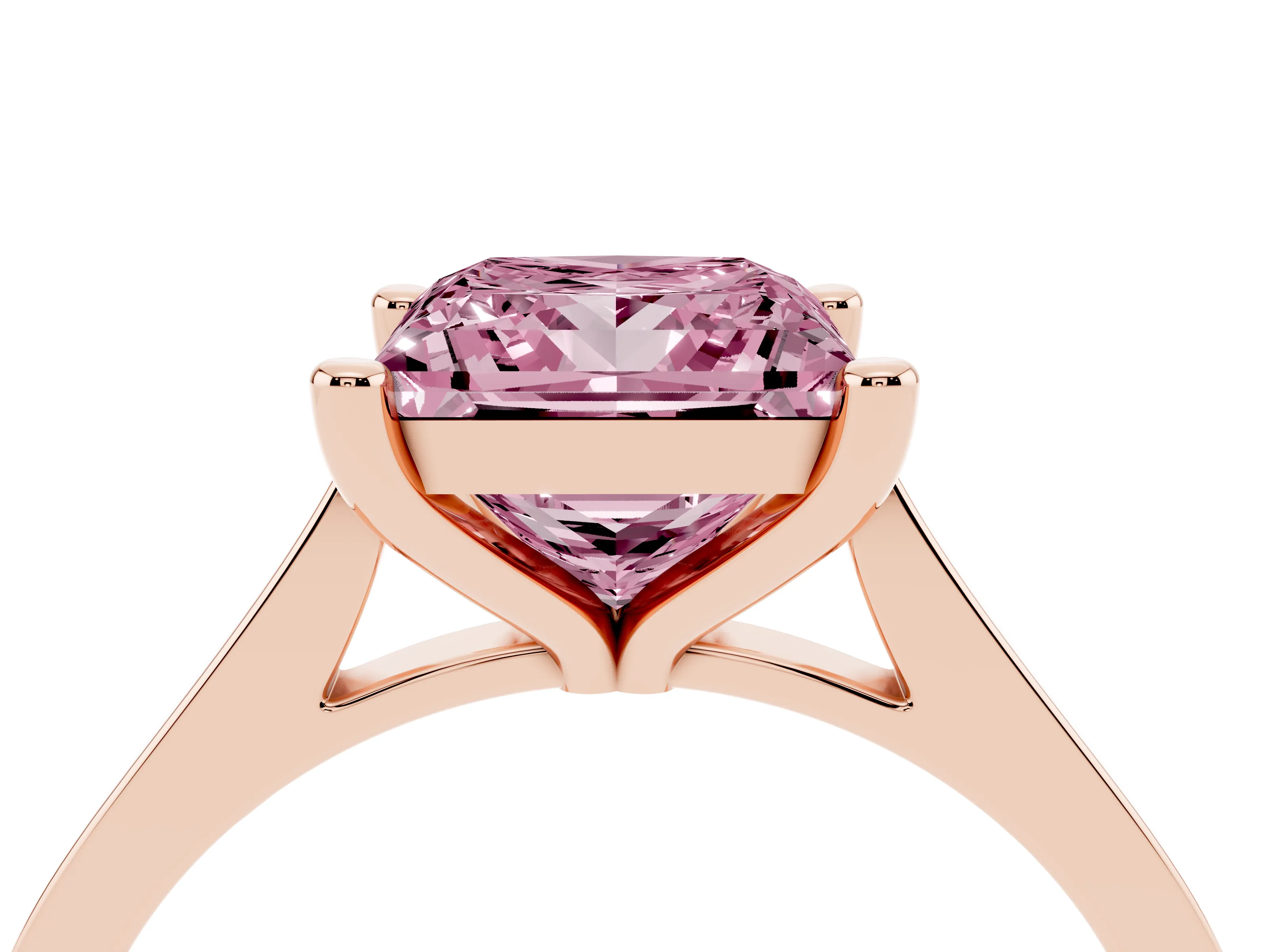 Fancy Pink Princess Cut Diamond Solitaire Ring Set in Rose gold with Prong Setting and Tapered Band
