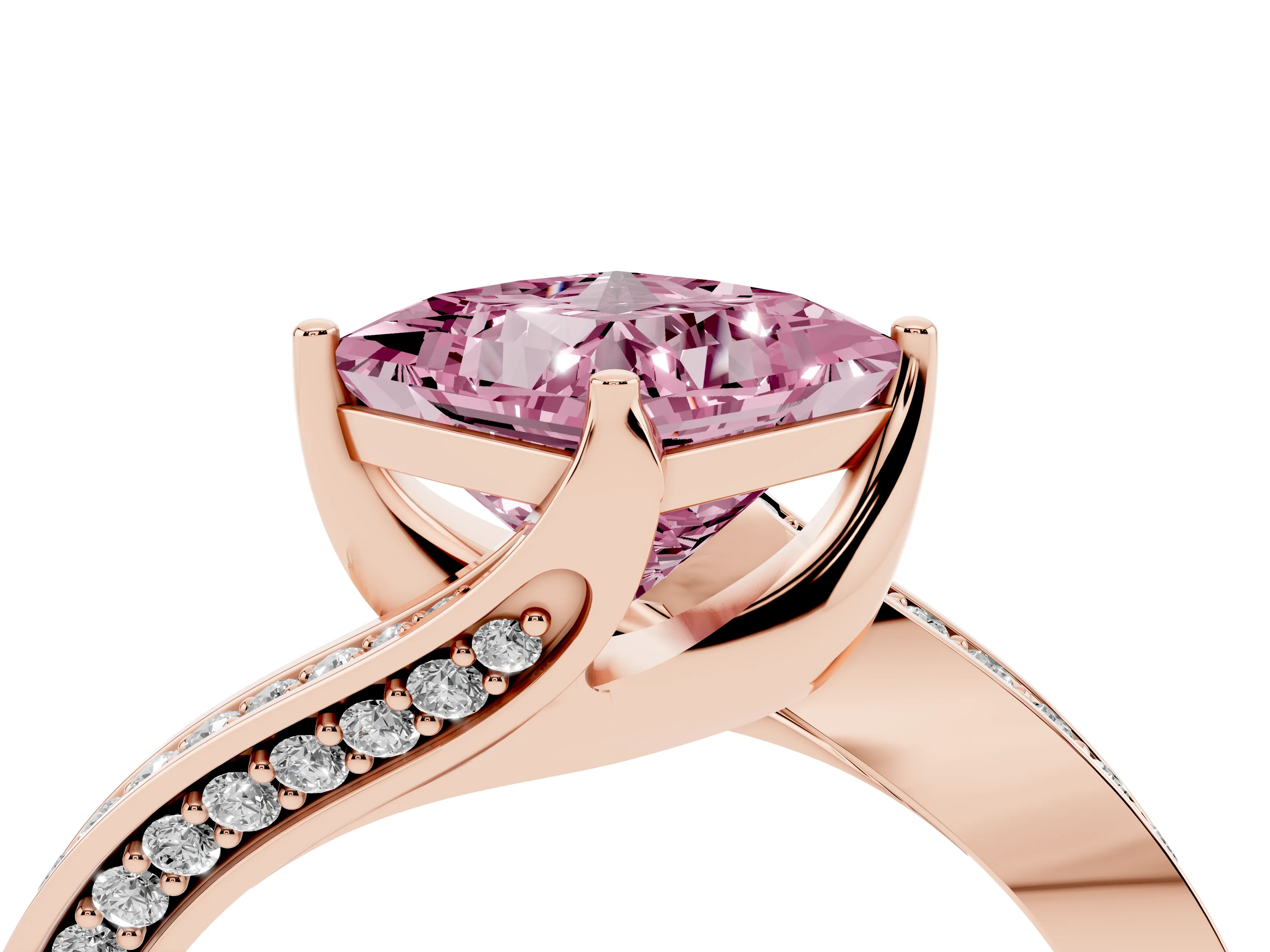 Fancy Pink Princess Cut Diamond Solitaire Ring Set in Rose gold with Intertwined Pavé Twist Band