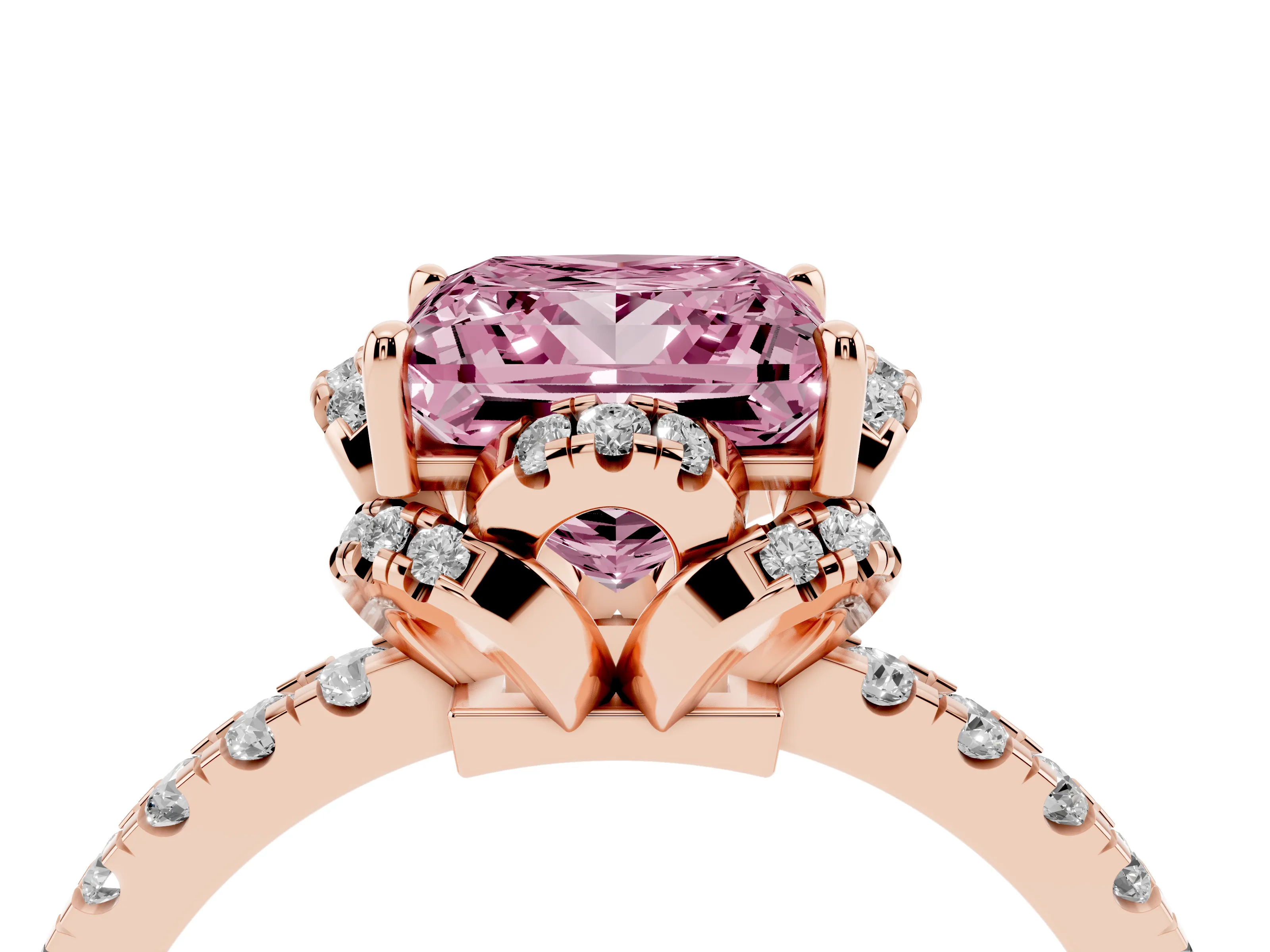 Fancy Pink Princess Cut Diamond Halo Pavé Band Ring Set in Rose gold with Prong-Held Center