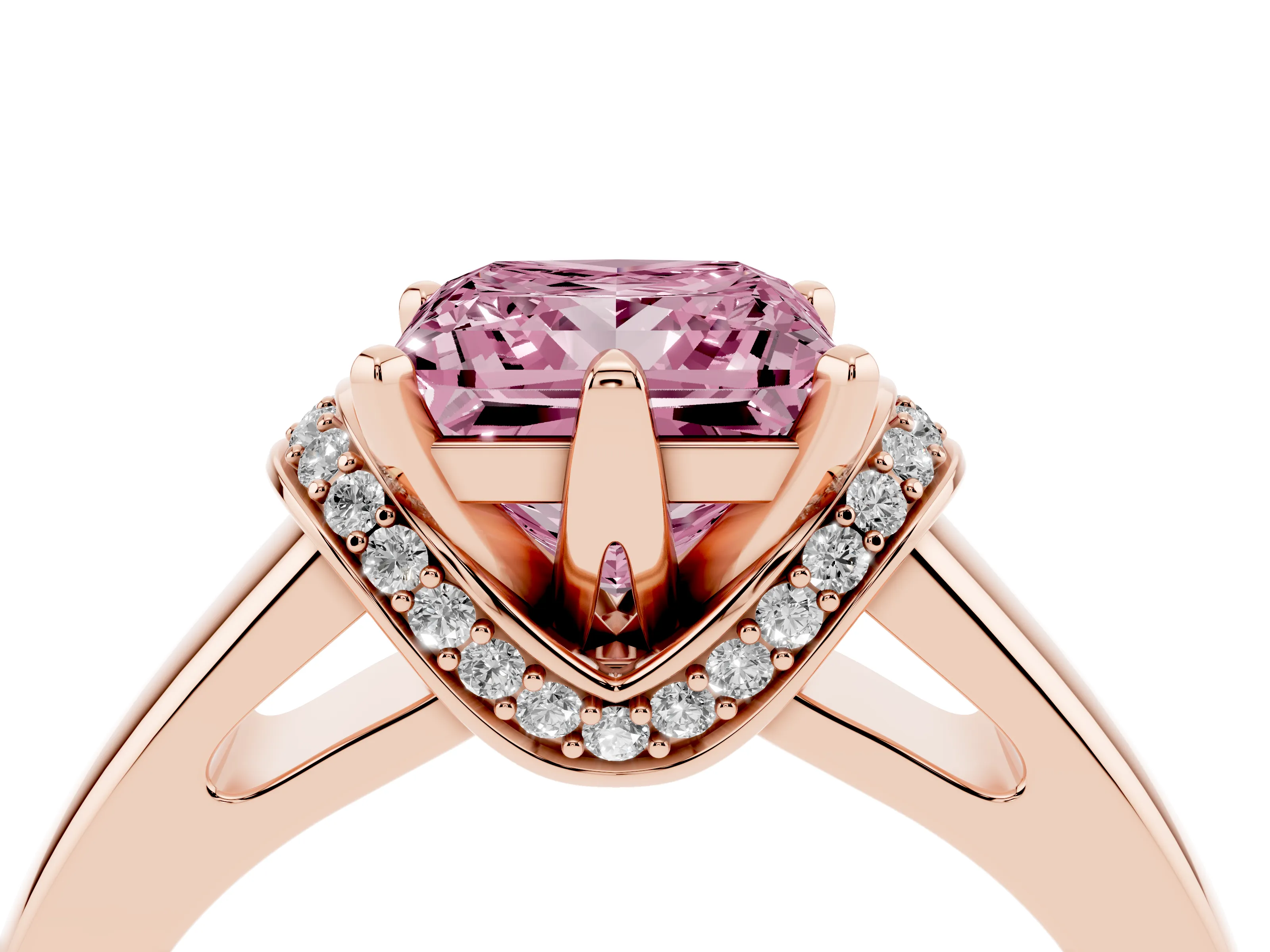 Fancy Pink Princess Cut Diamond Pavé Band Solitaire Ring Set in Rose gold with Prong Setting