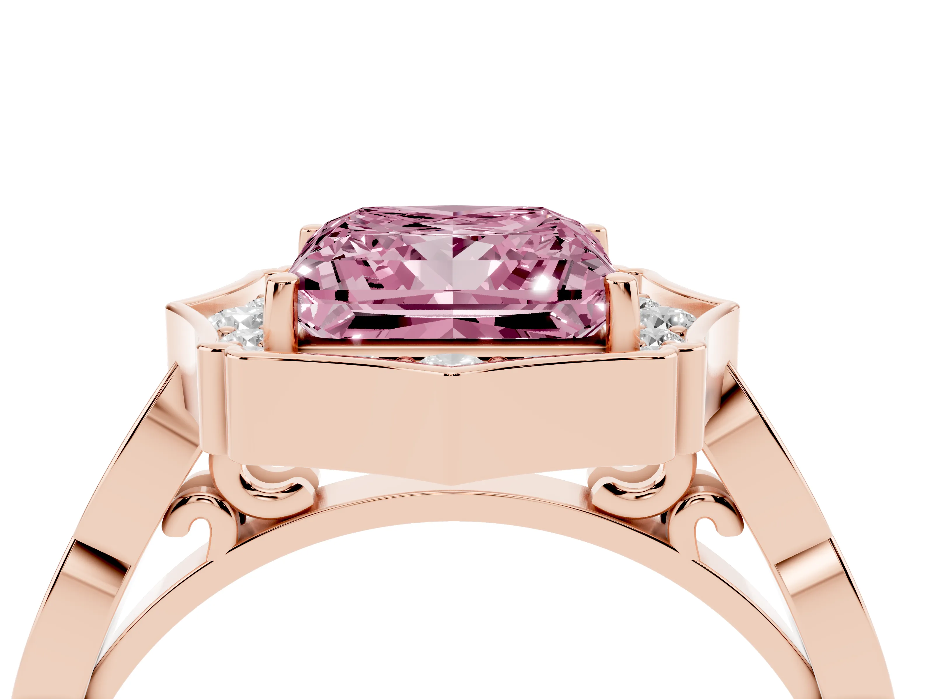 Fancy Pink Princess Cut Diamond Halo Engagement Ring Set in Rose gold with Milgrain Band and Prong Setting