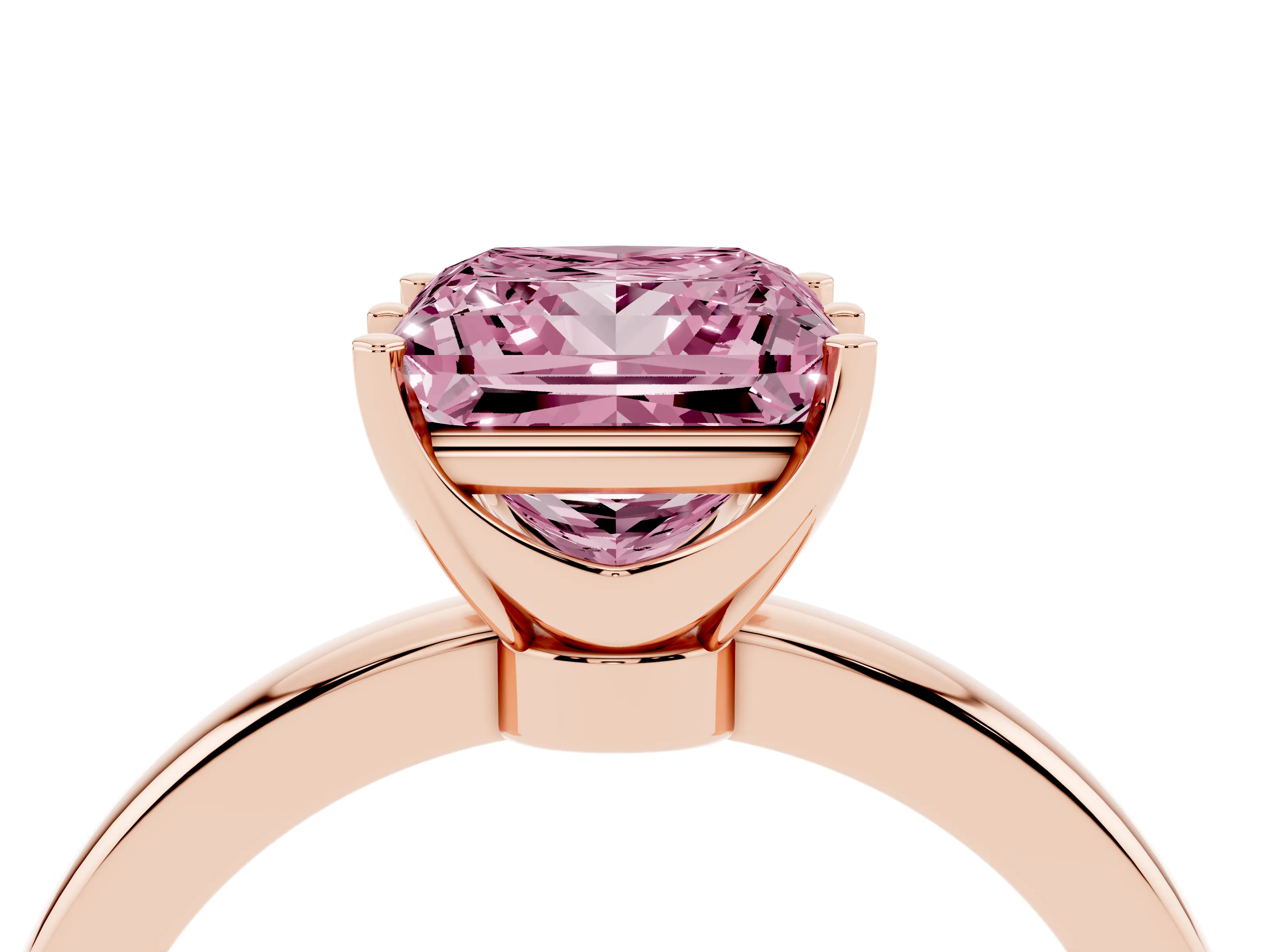 Fancy Pink Princess Cut Diamond Solitaire Ring Set in Rose gold with Raised Prong Setting on a Classic Band