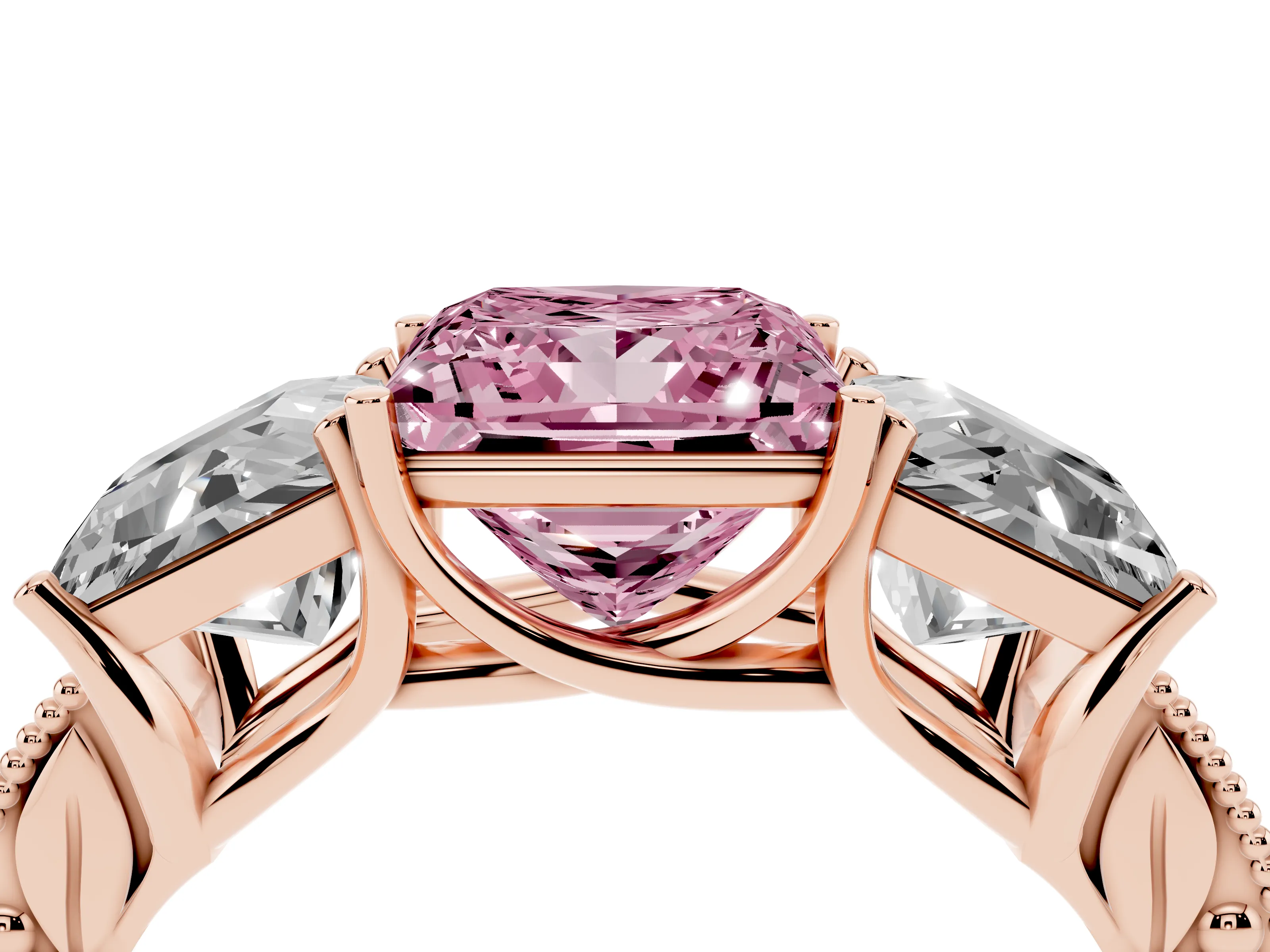 Fancy Pink Princess Cut Diamond Three-Stone Engagement Ring Set in Rose gold with Milgrain Pavé Band