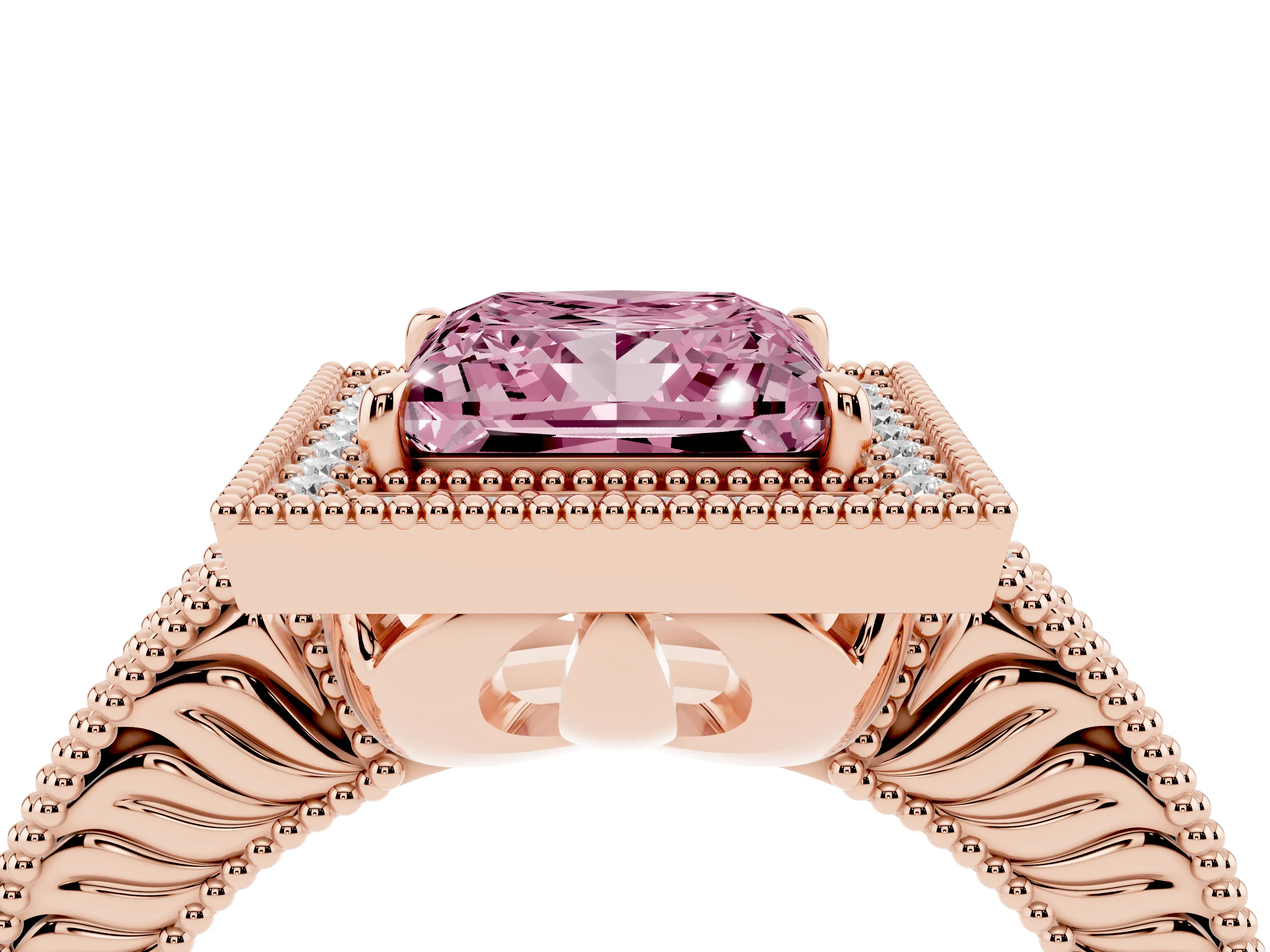 Fancy Pink Princess Cut Diamond Halo Ring Set in Rose gold with Round Accent Halo, Pavé Band and Prong Setting