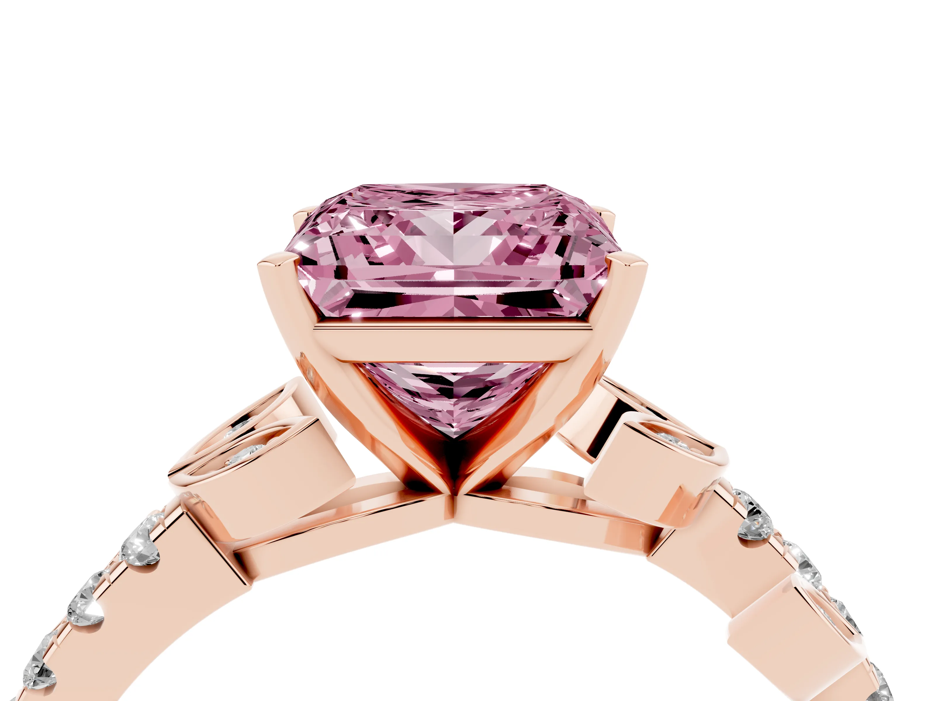 Fancy Pink Princess Cut Diamond Solitaire Leaf-Inspired Ring Set in Rose gold with Pavé Band and Prong Setting