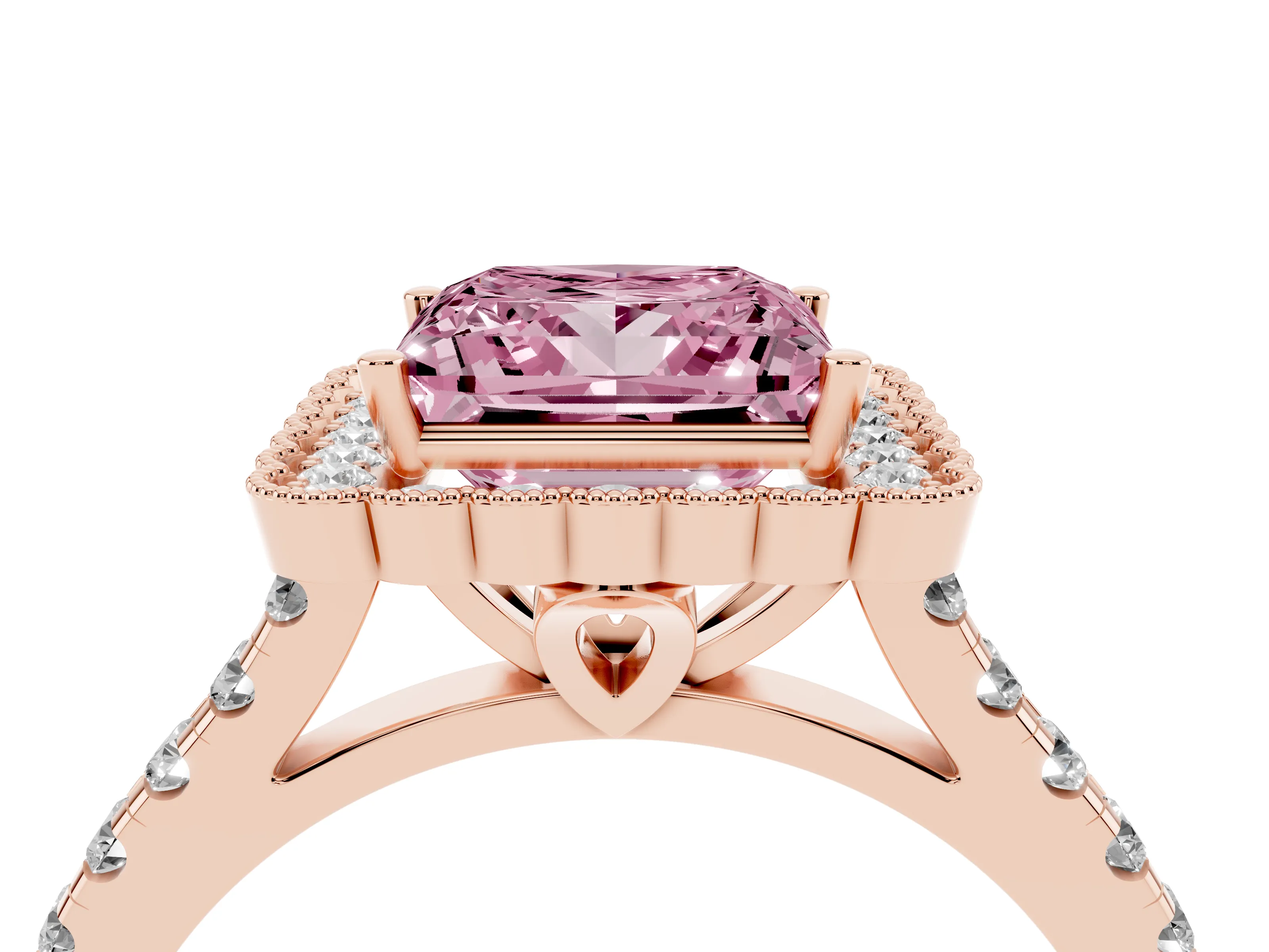 Fancy Pink Princess Cut Diamond Milgrain Floral Halo Engagement Ring Set in Rose gold with Pavé Band