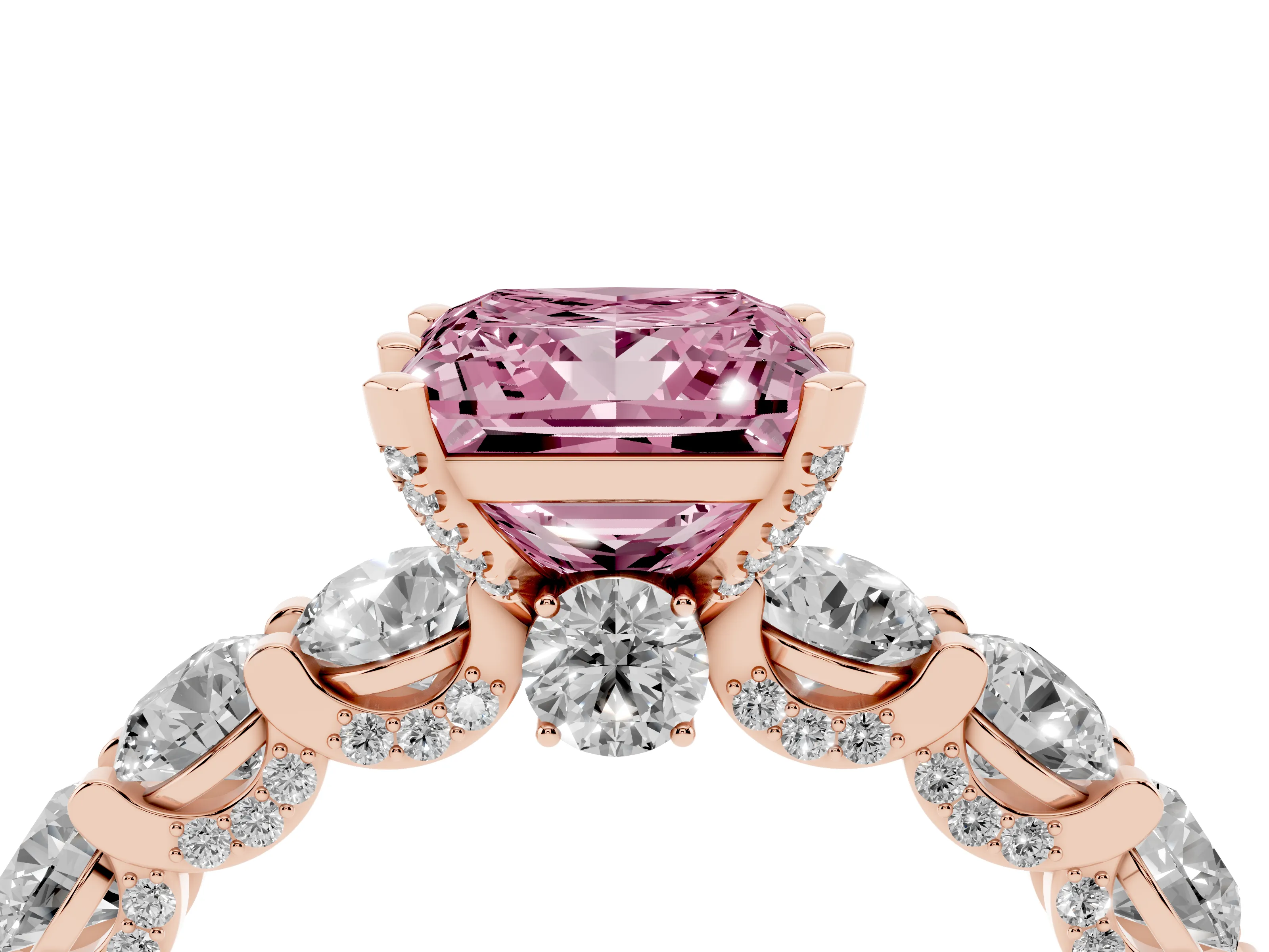Fancy Pink Princess Cut Diamond Side Stone Ring Set in Rose gold with Alternating Round and Oval Side Stones