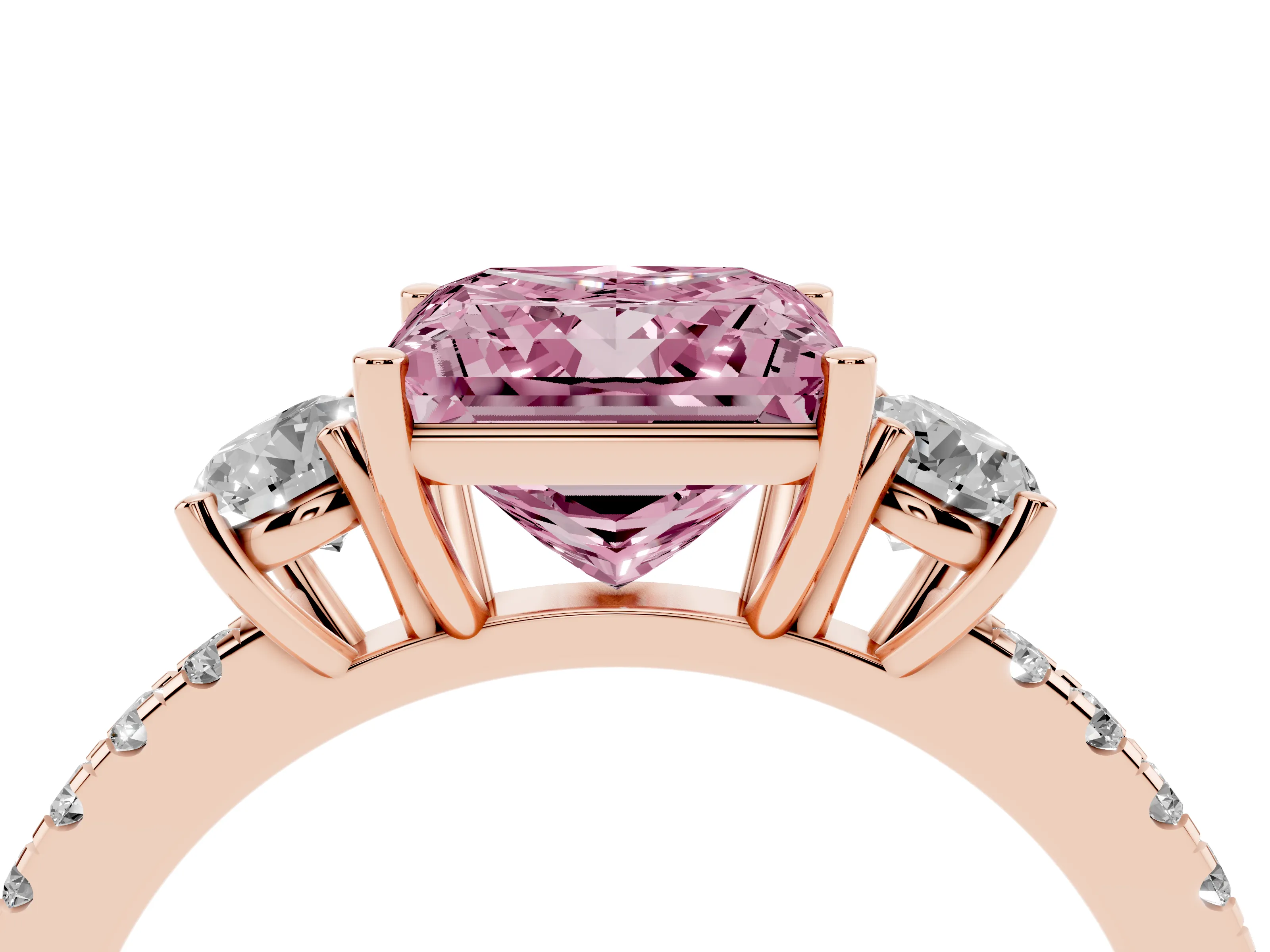 Fancy Pink Princess Cut Diamond Three-Stone Ring Set in Rose gold with Pavé Band and Graduated Sides