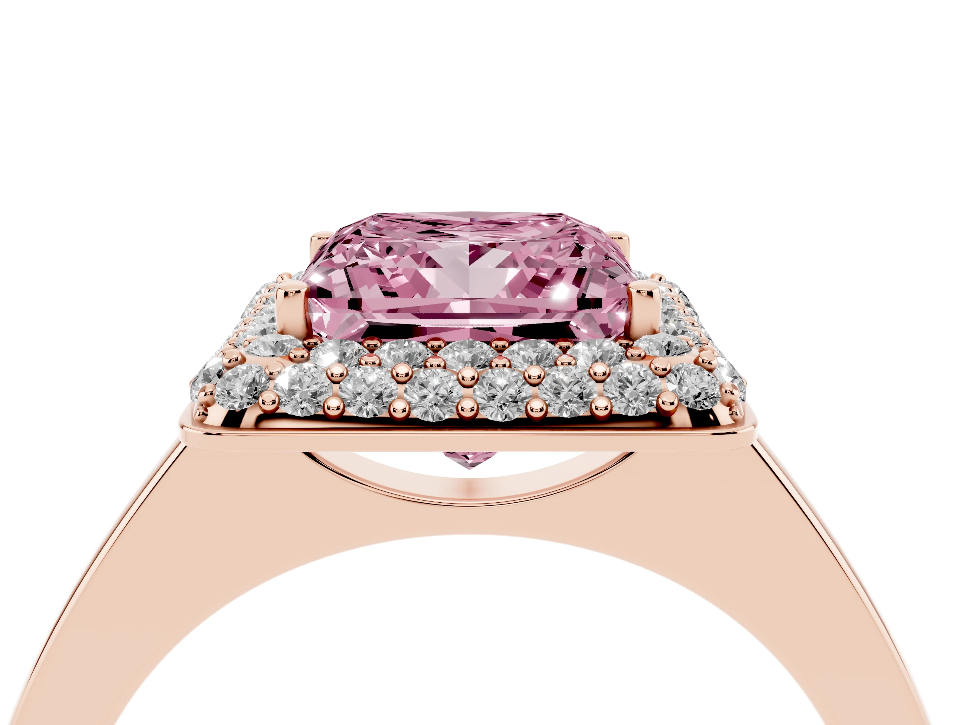 Fancy Pink Princess Cut Diamond Halo Engagement Ring Set in Rose gold with Solitaire Band and Prong Setting