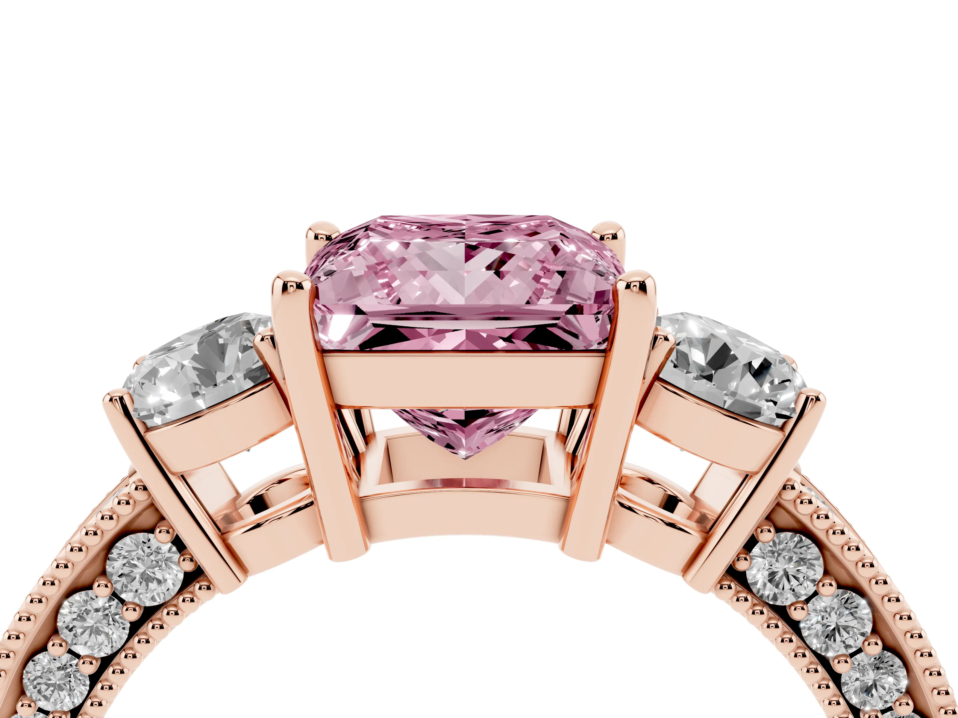 Fancy Pink Princess Cut Diamond Three-Stone Ring Set in Rose gold with Round Side Stones and Pavé Band