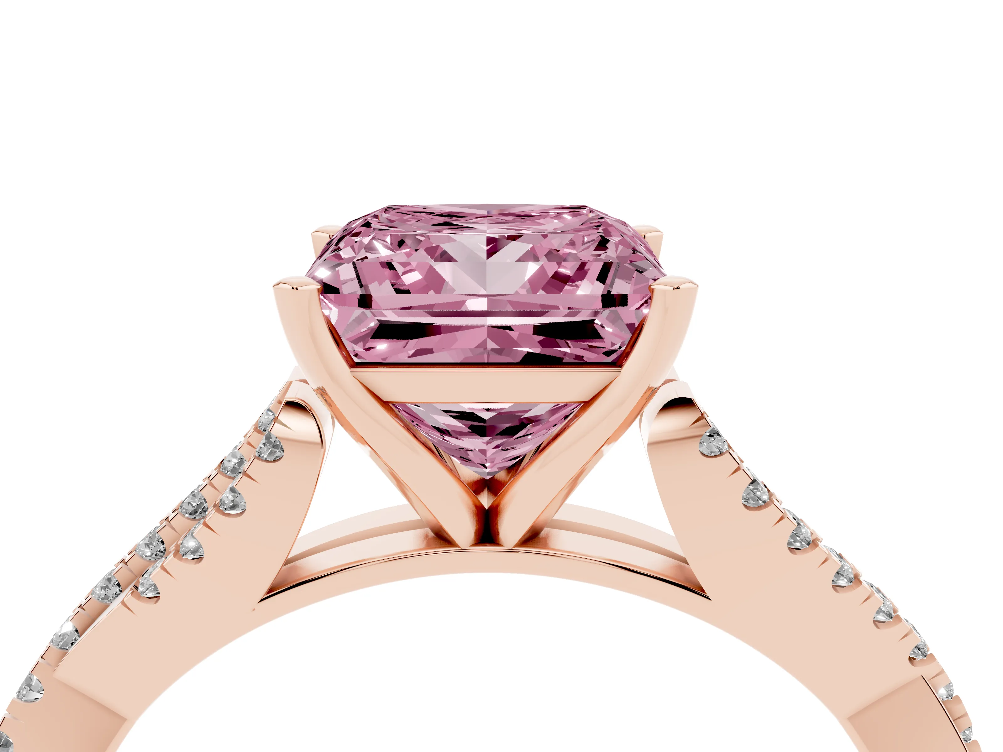 Fancy Pink Princess Cut Diamond Solitaire Engagement Ring Set in Rose gold with Twisted Pavé Band and Prong Setting