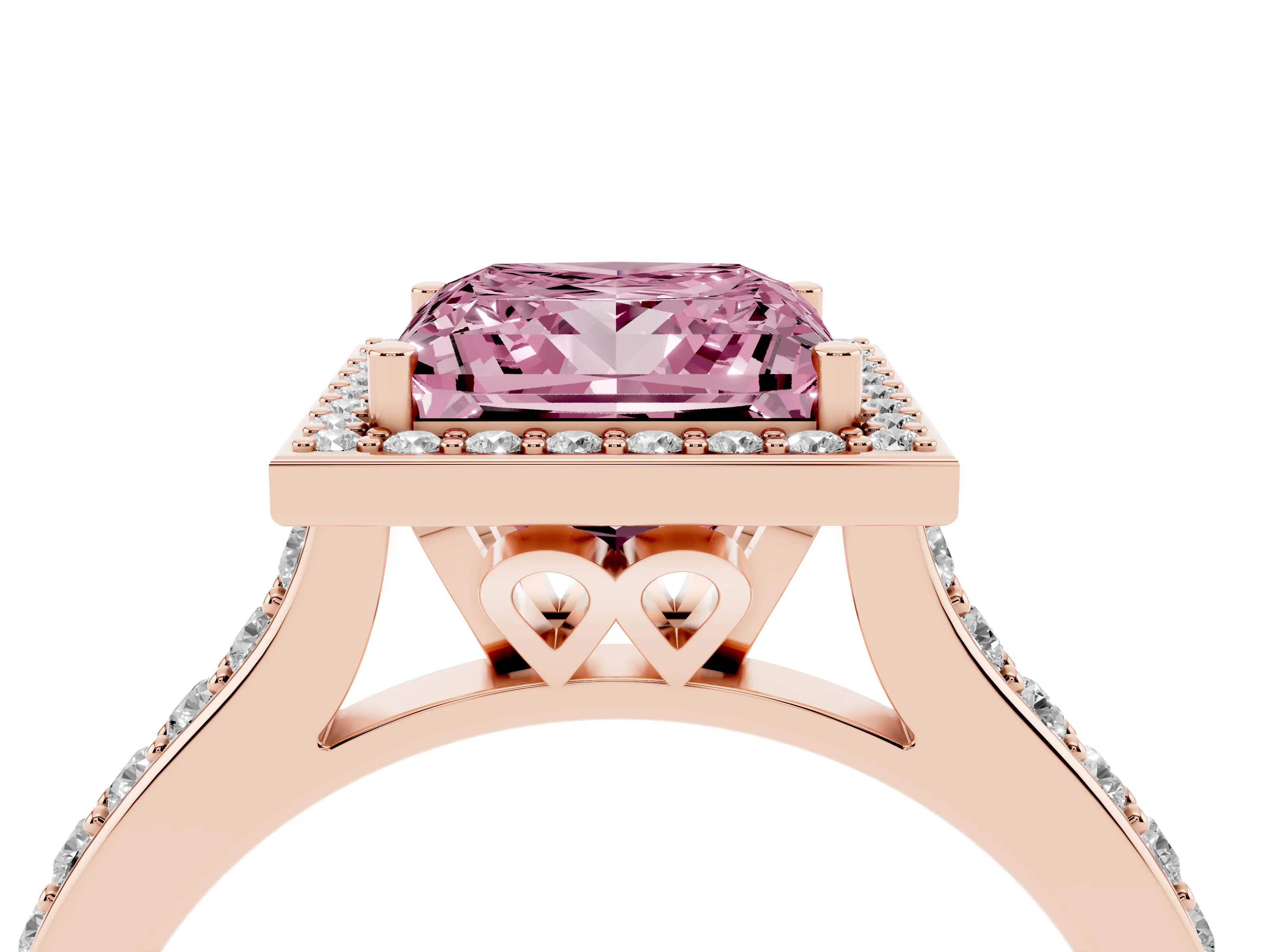 Fancy Pink Princess Cut Diamond Halo Engagement Ring Set in Rose gold with Round Pavé Shoulders and Heart Gallery