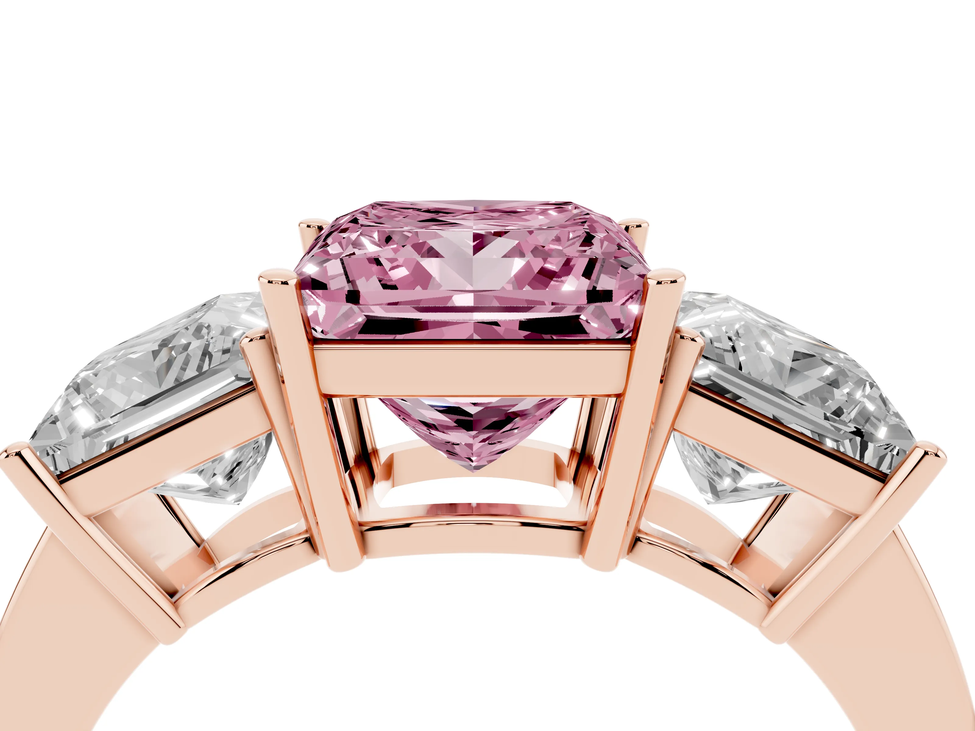 Fancy Pink Princess Cut Diamond Three-Stone Engagement Ring Set in Rose gold with Flat Band