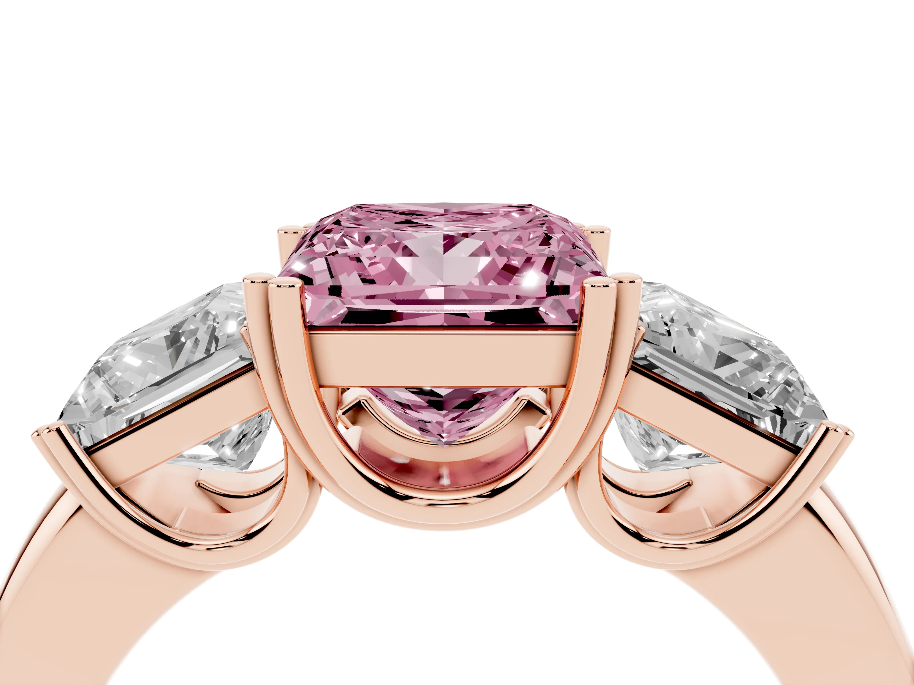 Fancy Pink Princess Cut Diamond Three-Stone Ring Set in Rose gold with Polished Channel-Set Band