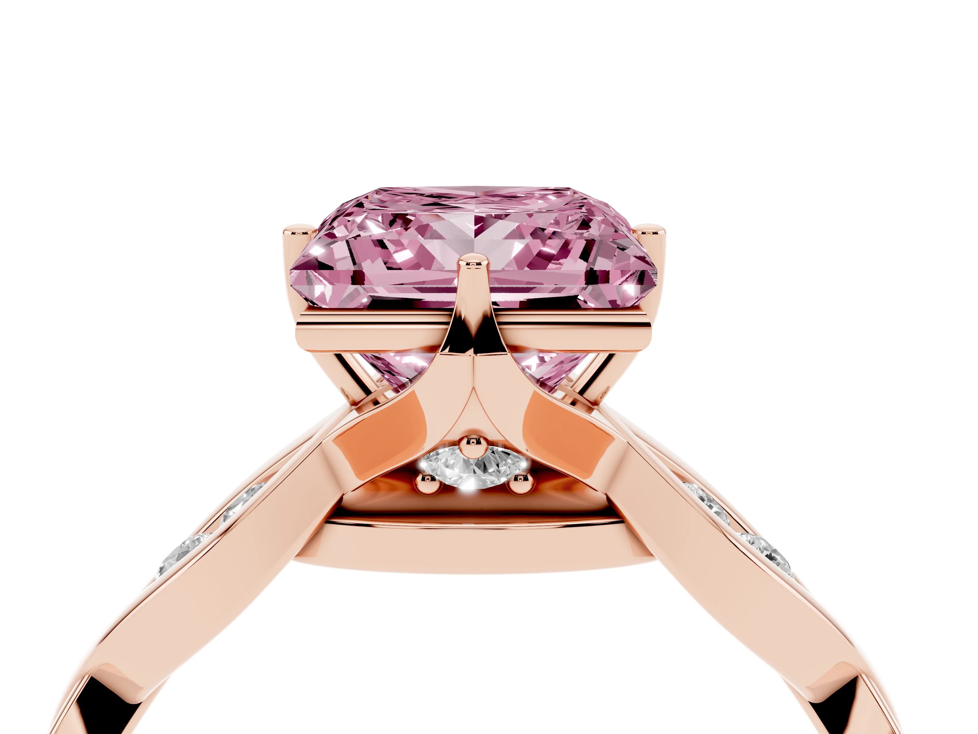 Fancy Pink Princess Cut Diamond Twist Band Solitaire Ring Set in Rose gold with Leaf Prong Setting and Accent Stones