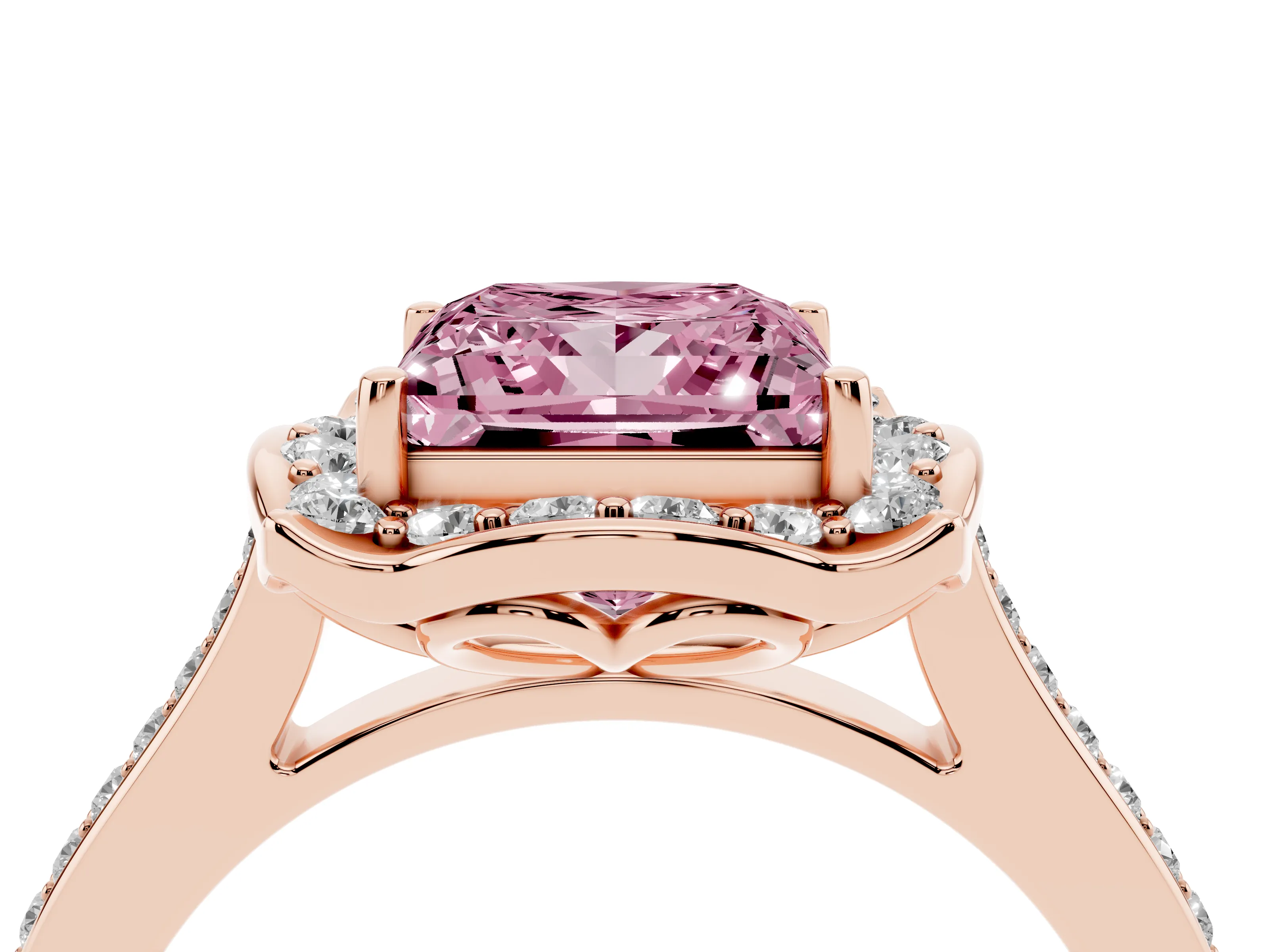 Fancy Pink Princess Cut Diamond Halo Ring Set in Rose gold with Pavé-Lined Shoulders and Prong Setting