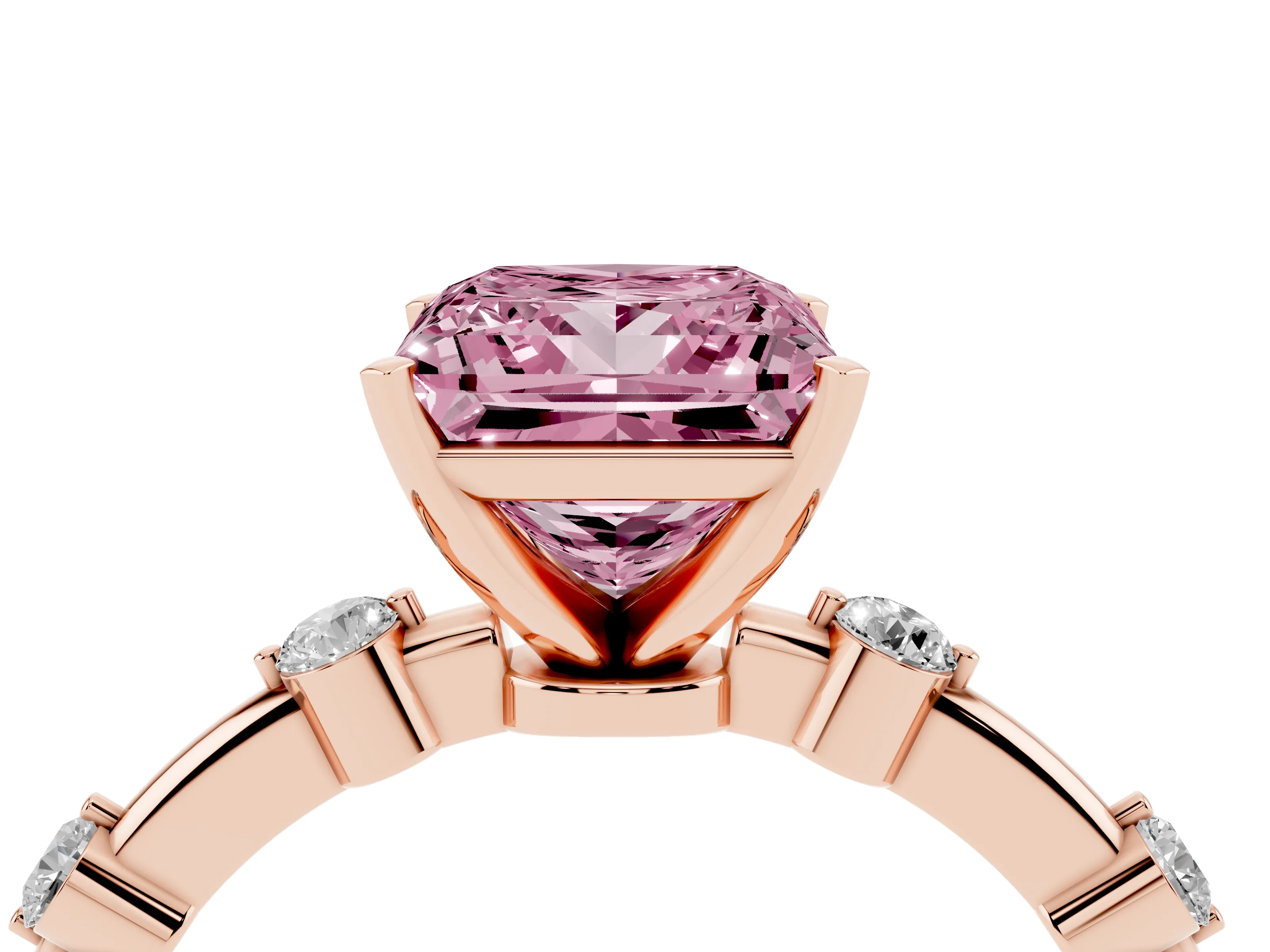 Fancy Pink Princess Cut Diamond Solitaire Ring Set in Rose gold with Bezel Set Side Stones and Prong Setting