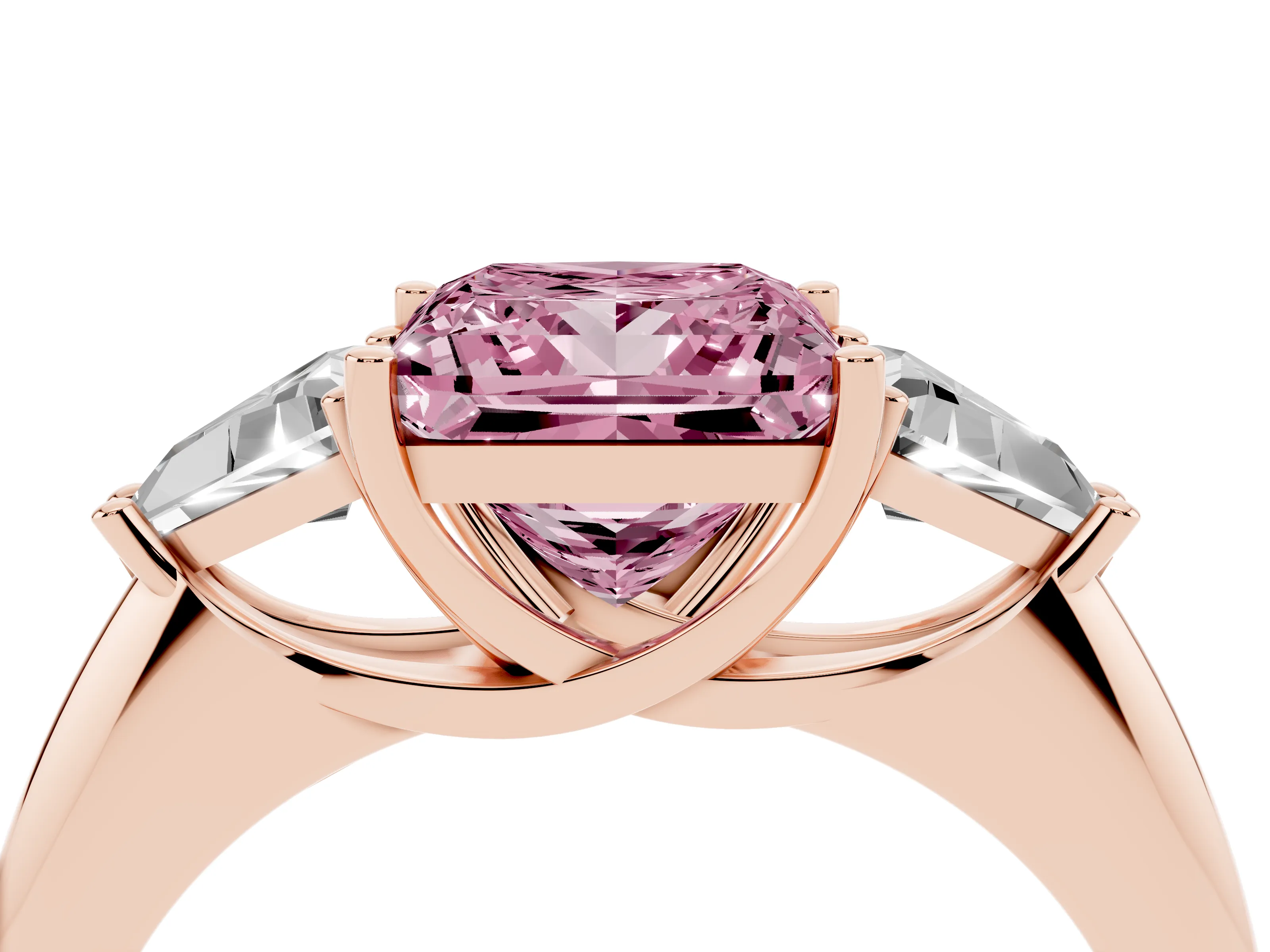 Fancy Pink Princess Cut Diamond Three-Stone Engagement Ring Set in Rose gold with Trillion Side Stones