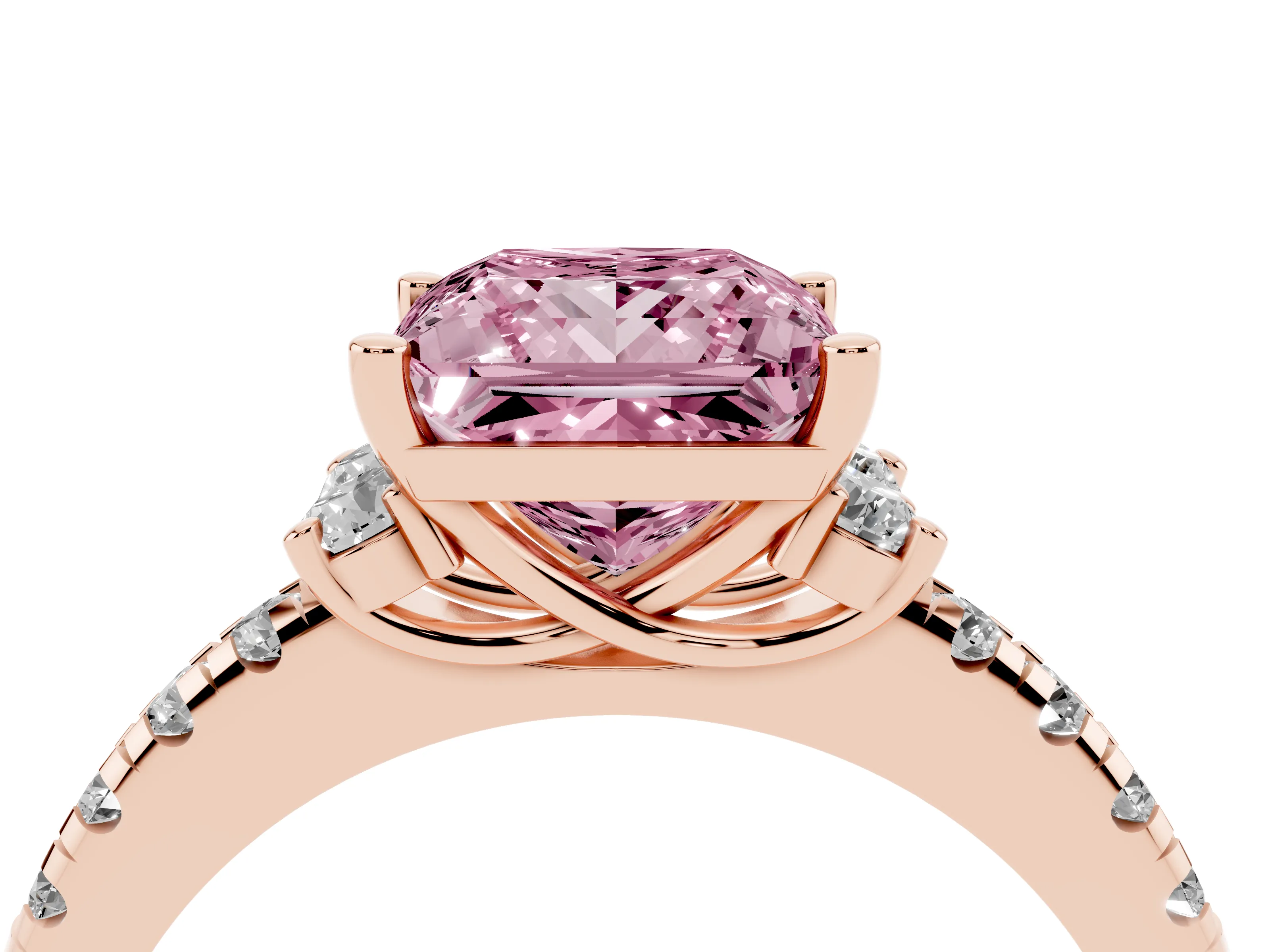 Fancy Pink Princess Cut Diamond Three-Stone Pavé Ring Set in Rose gold with Prong Setting