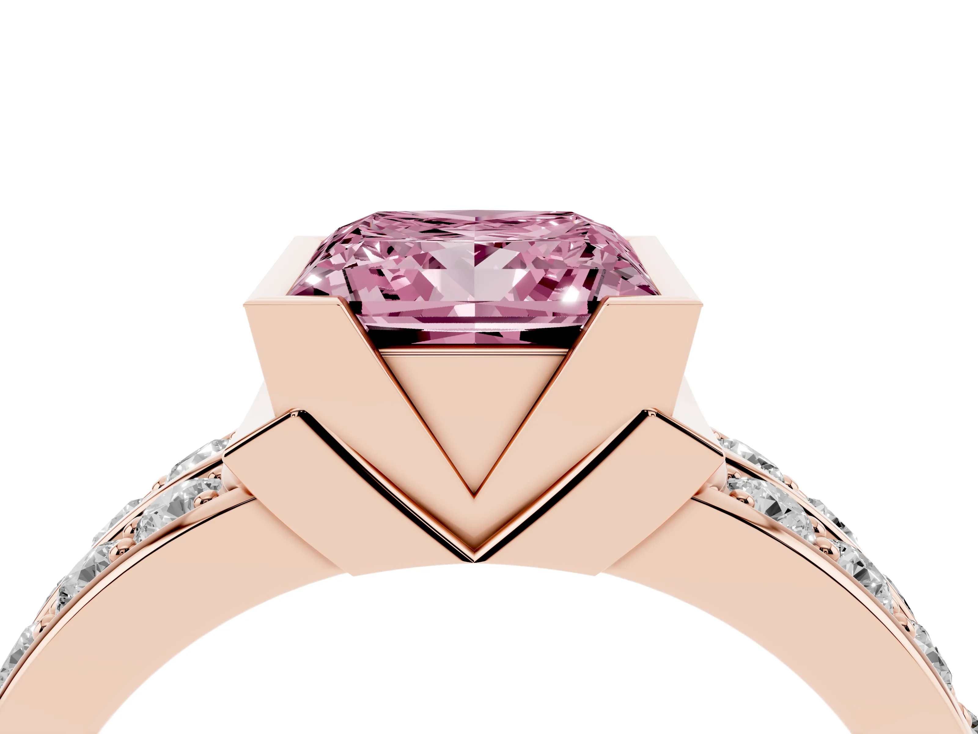 Fancy Pink Princess Cut Diamond Wide Channel Set Band Ring Set in Rose gold with Bezel Setting