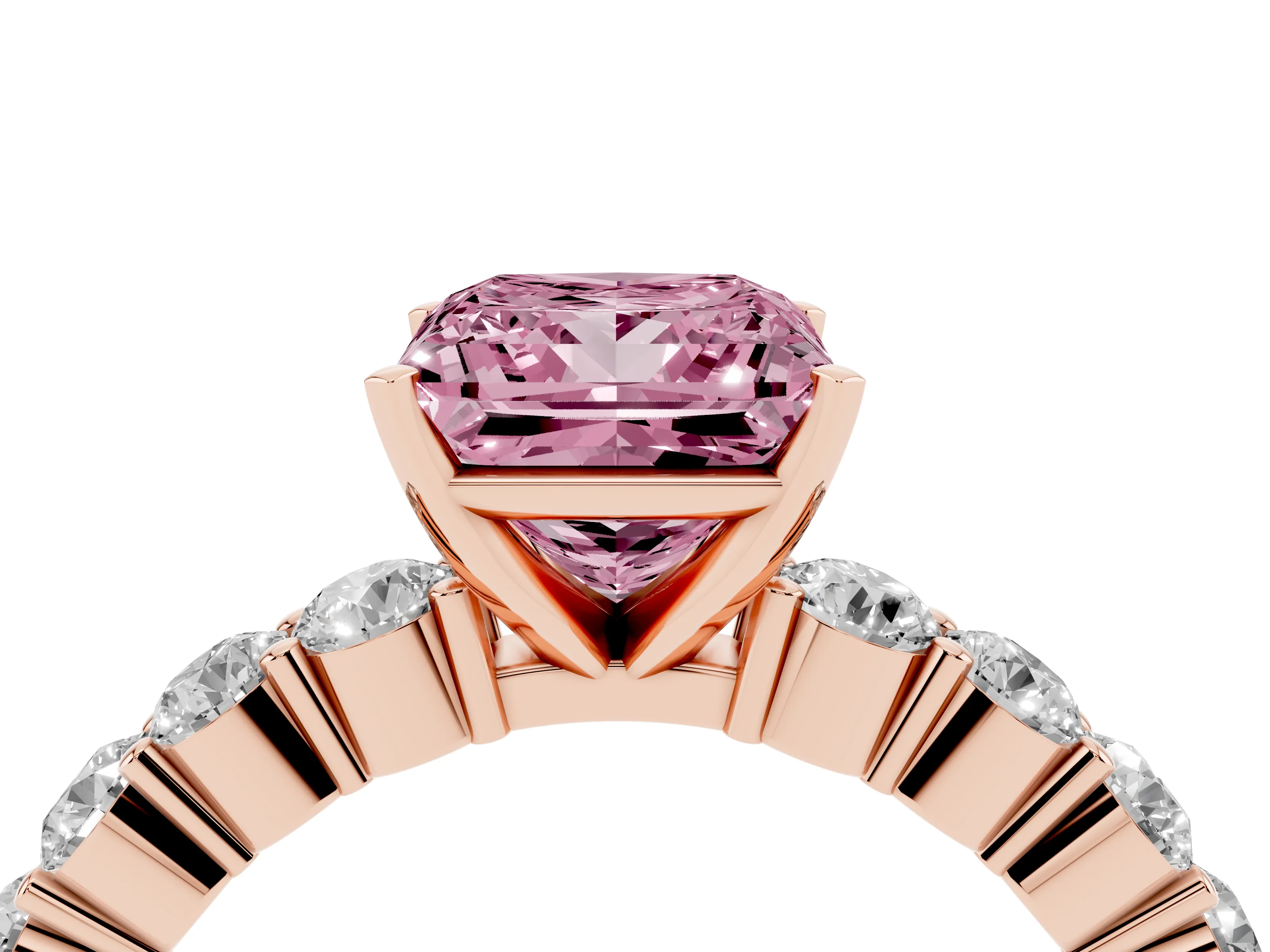 Fancy Pink Princess Cut Diamond Solitaire Ring Set in Rose gold with Shared Prong Round Side Stones