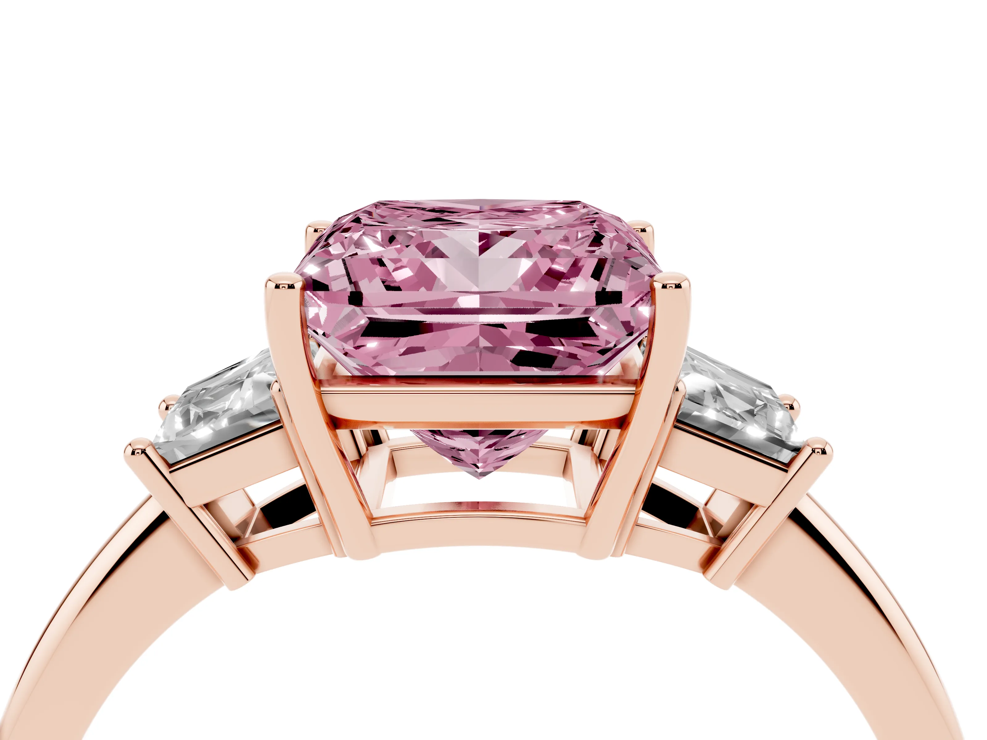 Fancy Pink Princess Cut Diamond Three-Stone Ring Set in Rose gold with Trapezoid Side Stones and Prong Setting