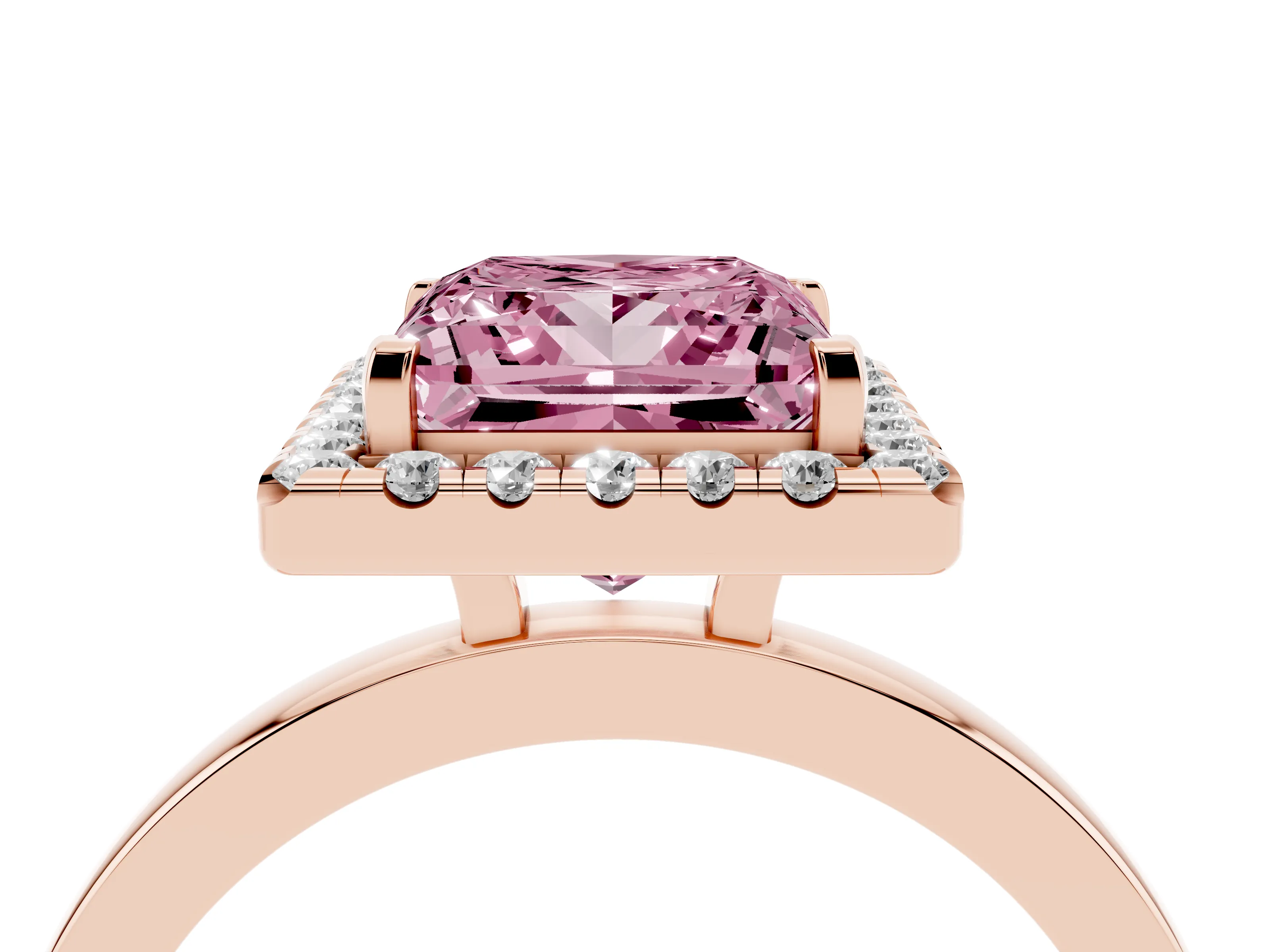 Fancy Pink Princess Cut Diamond Halo Solitaire Ring Set in Rose gold with Pavé Band and Prong Setting