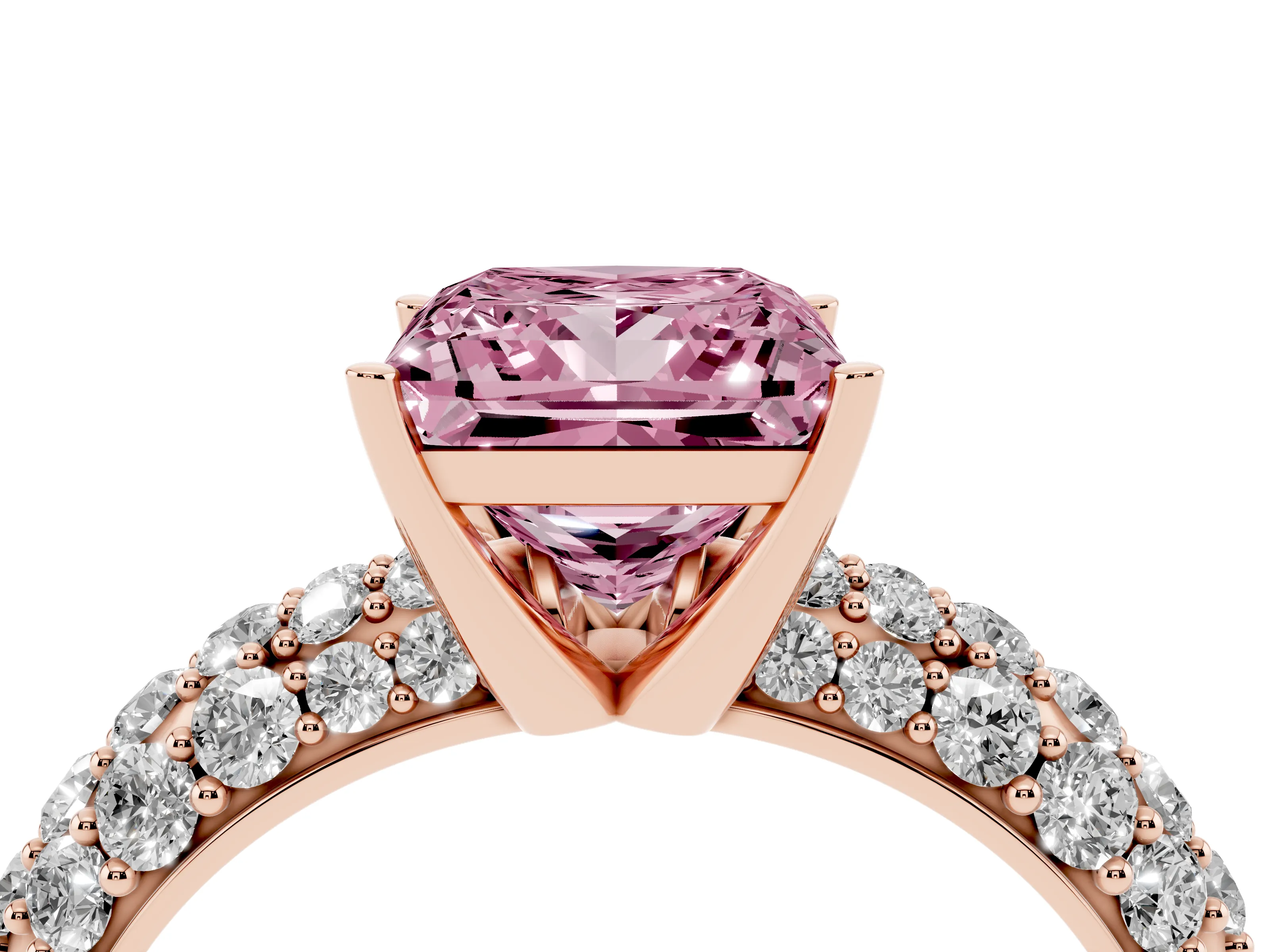 Fancy Pink Princess Cut Diamond Pavé Band Solitaire Ring Set in Rose gold with Close-Set Accent Stones and Prong Setting