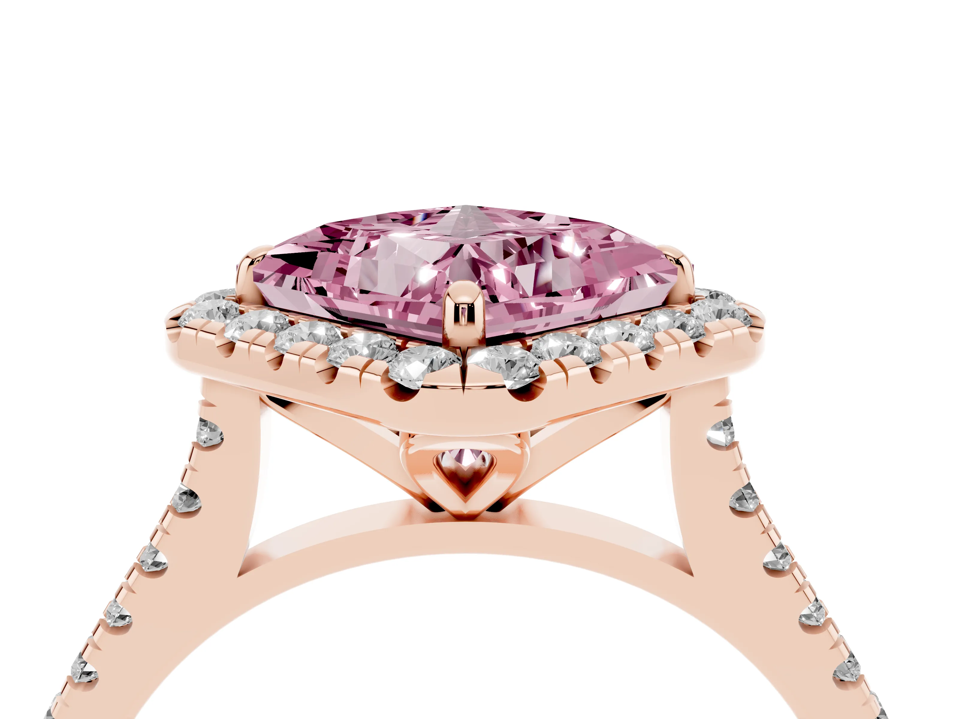 Fancy Pink Princess Cut Diamond Cushion Halo Ring Set in Rose gold with Pavé Band