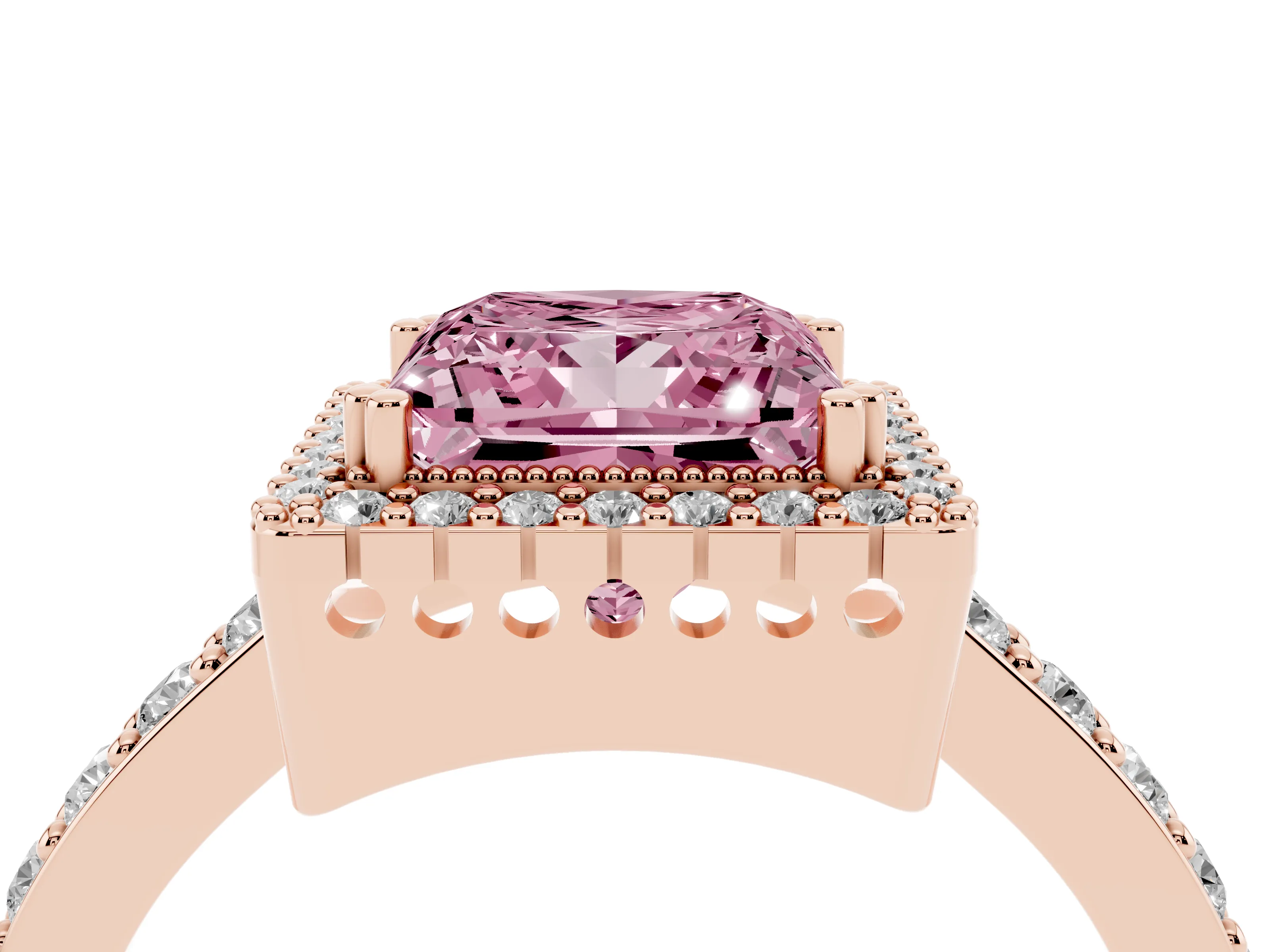 Fancy Pink Princess Cut Diamond Halo Engagement Ring Set in Rose gold with Milgrain Detail and Pavé Band