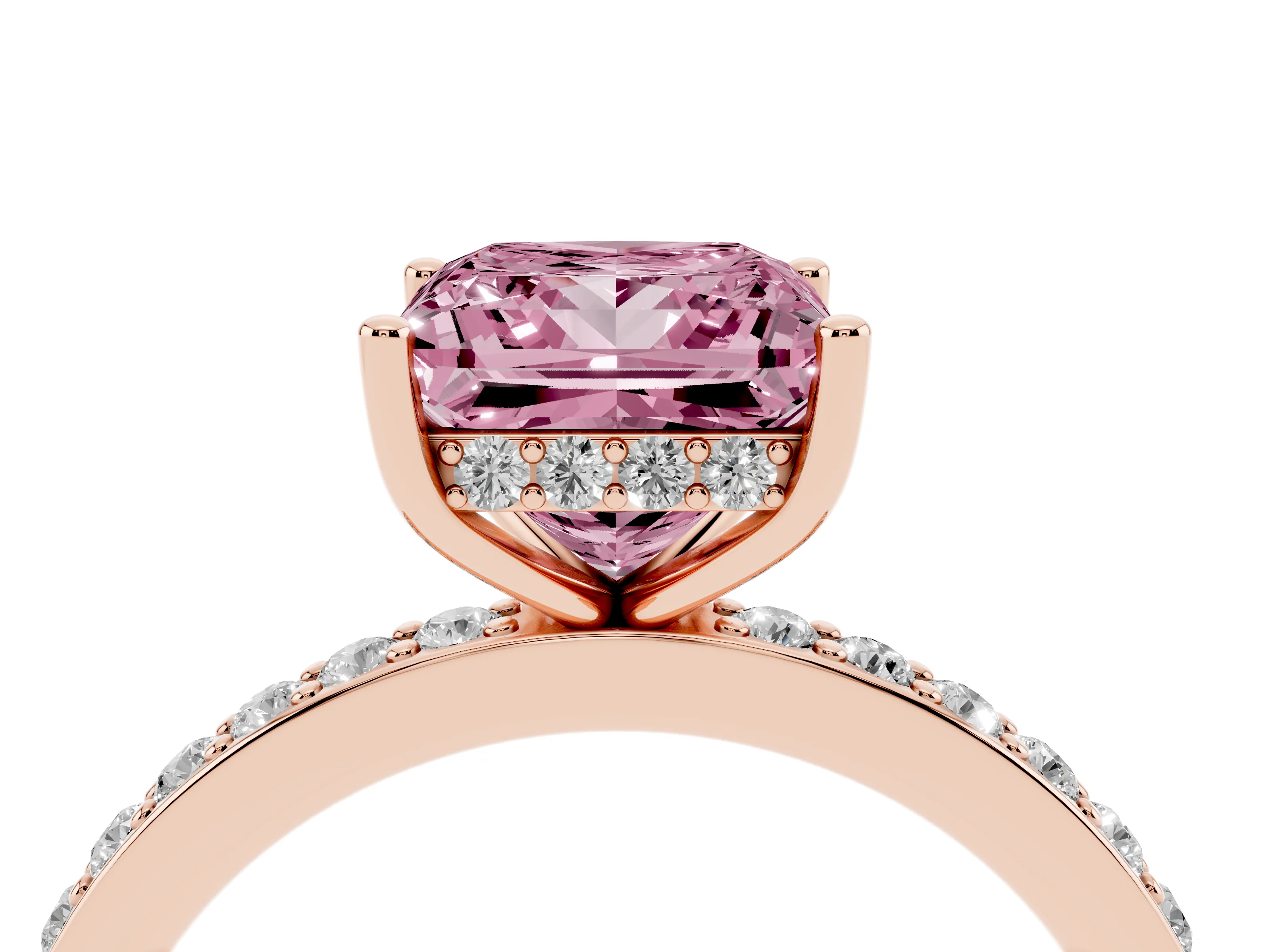Fancy Pink Princess Cut Diamond Pavé Band Ring Set in Rose gold with Prong-Set Center Stone