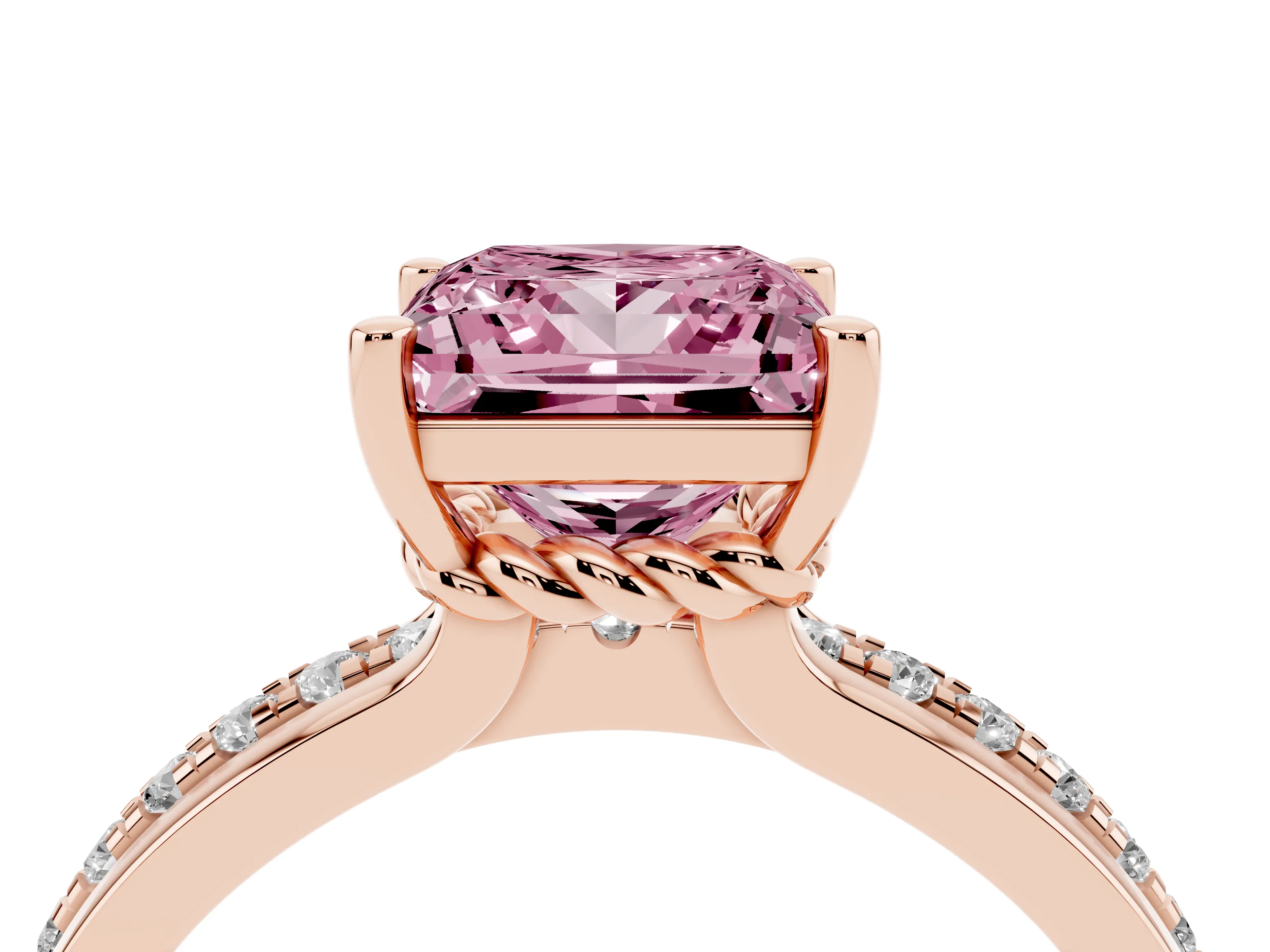 Fancy Pink Princess Cut Diamond Solitaire Ring Set in Rose gold with Channel Set Band and Prong Setting