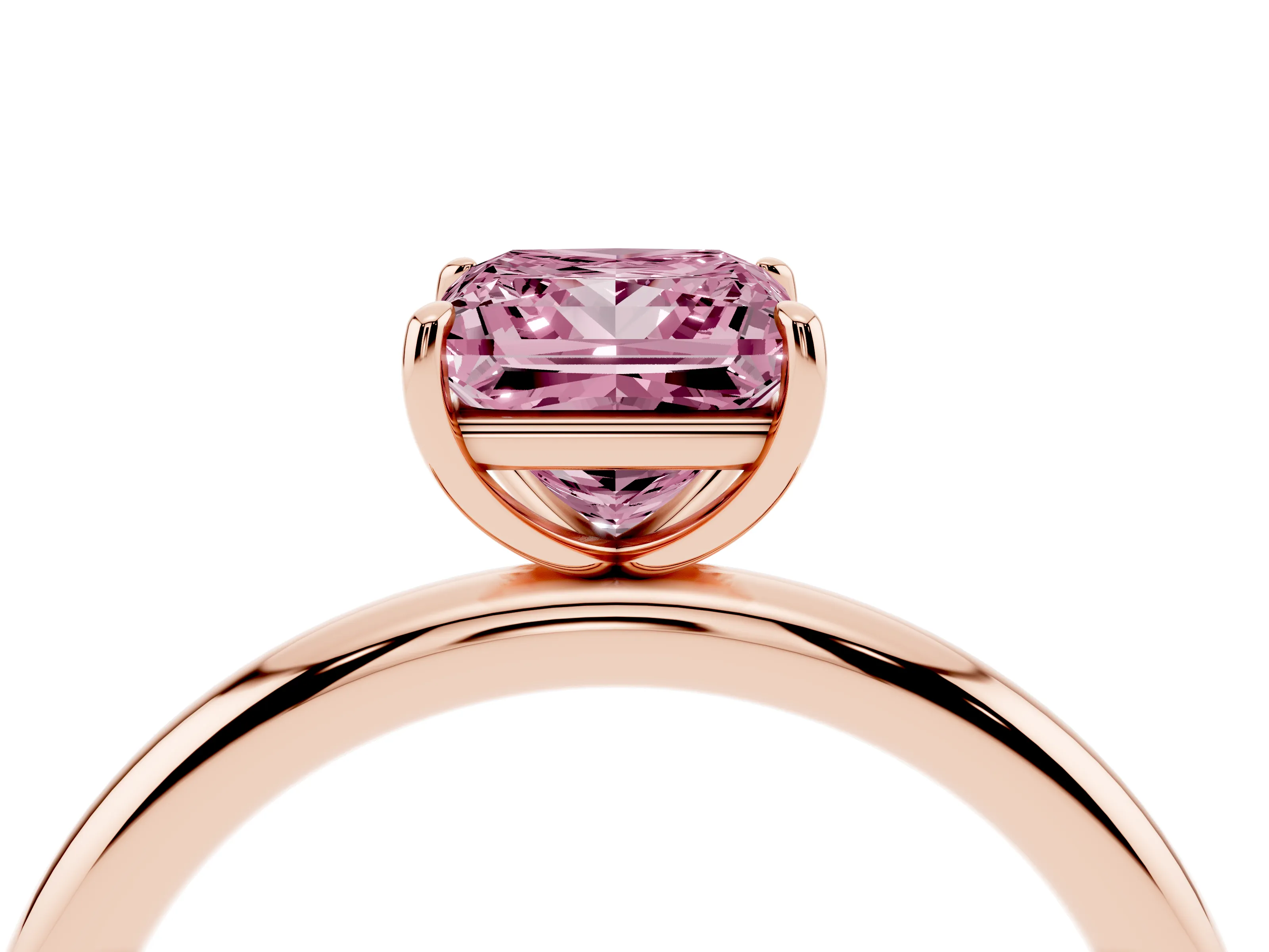 Fancy Pink Princess Cut Diamond Solitaire Ring Set in Rose gold with Prong Setting on a Polished Plain Band