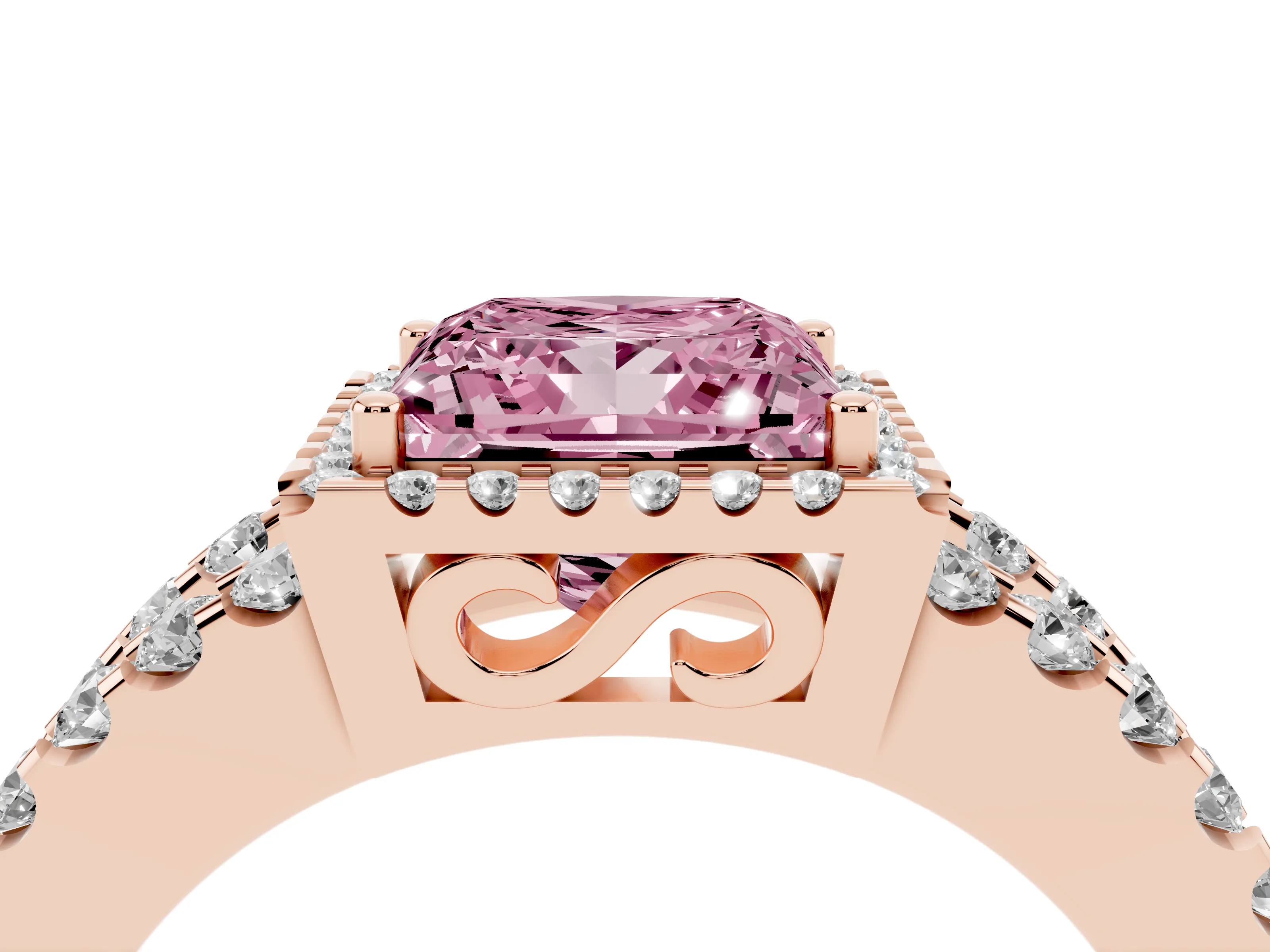 Fancy Pink Princess Cut Diamond Halo Ring Set in Rose gold with Pavé Split Shank and Prong Setting