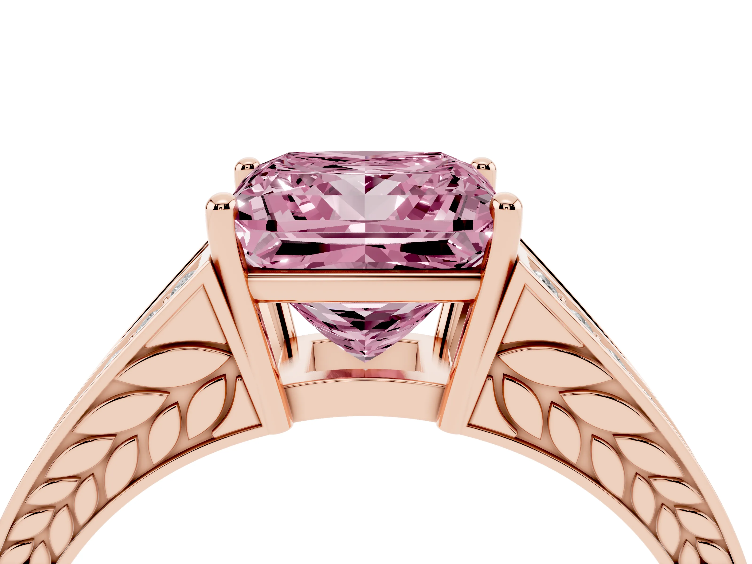 Fancy Pink Princess Cut Diamond Split Shank Ring Set in Rose gold with Pavé Band and Prong Setting